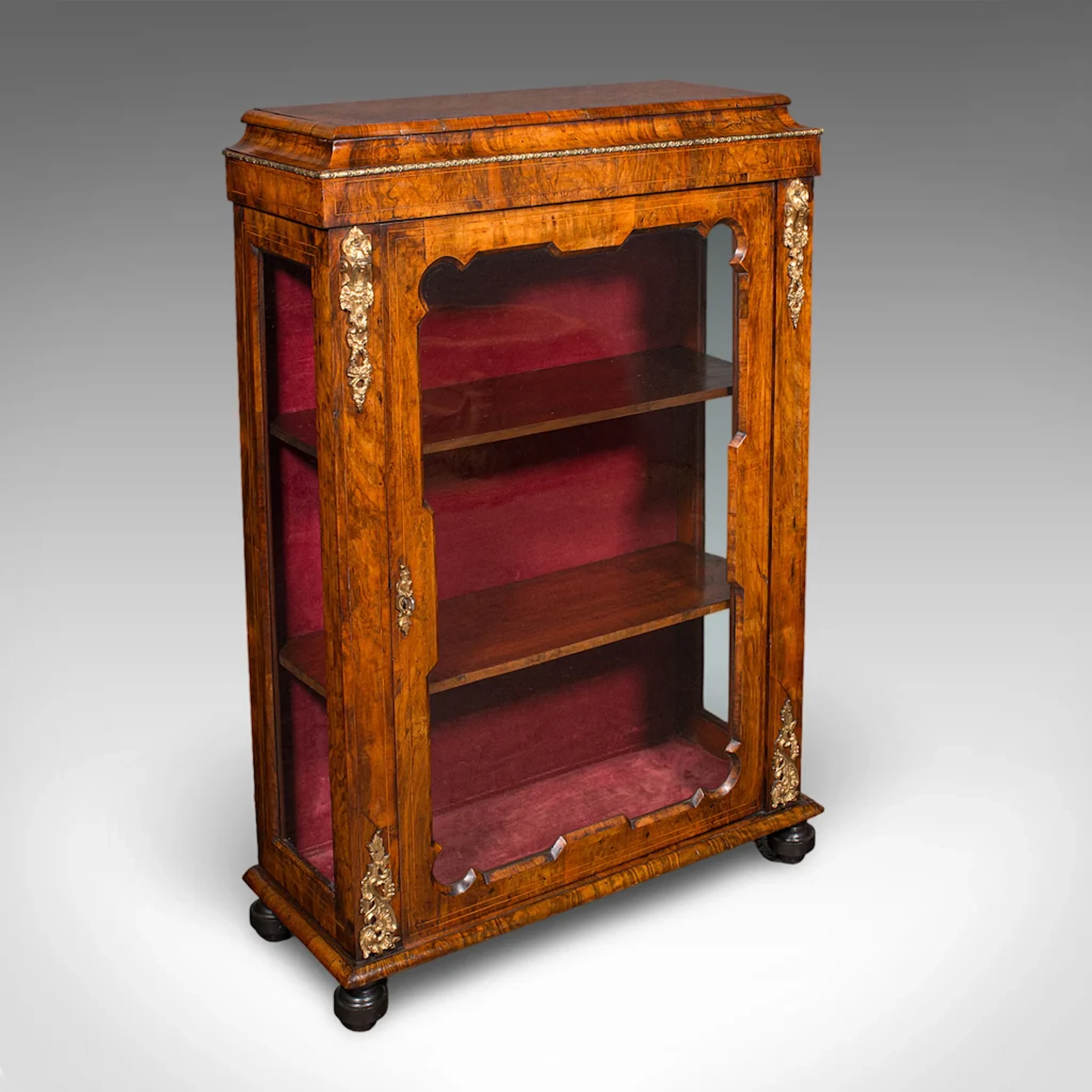 Antique Pier Cabinet, English, Walnut, Glazed Display Bookcase, Victorian, 1860