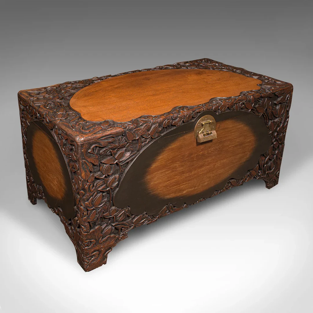 Large Vintage Chinese Carved Chest, Camphorwood Linen Trunk, Art Deco, C.1930
