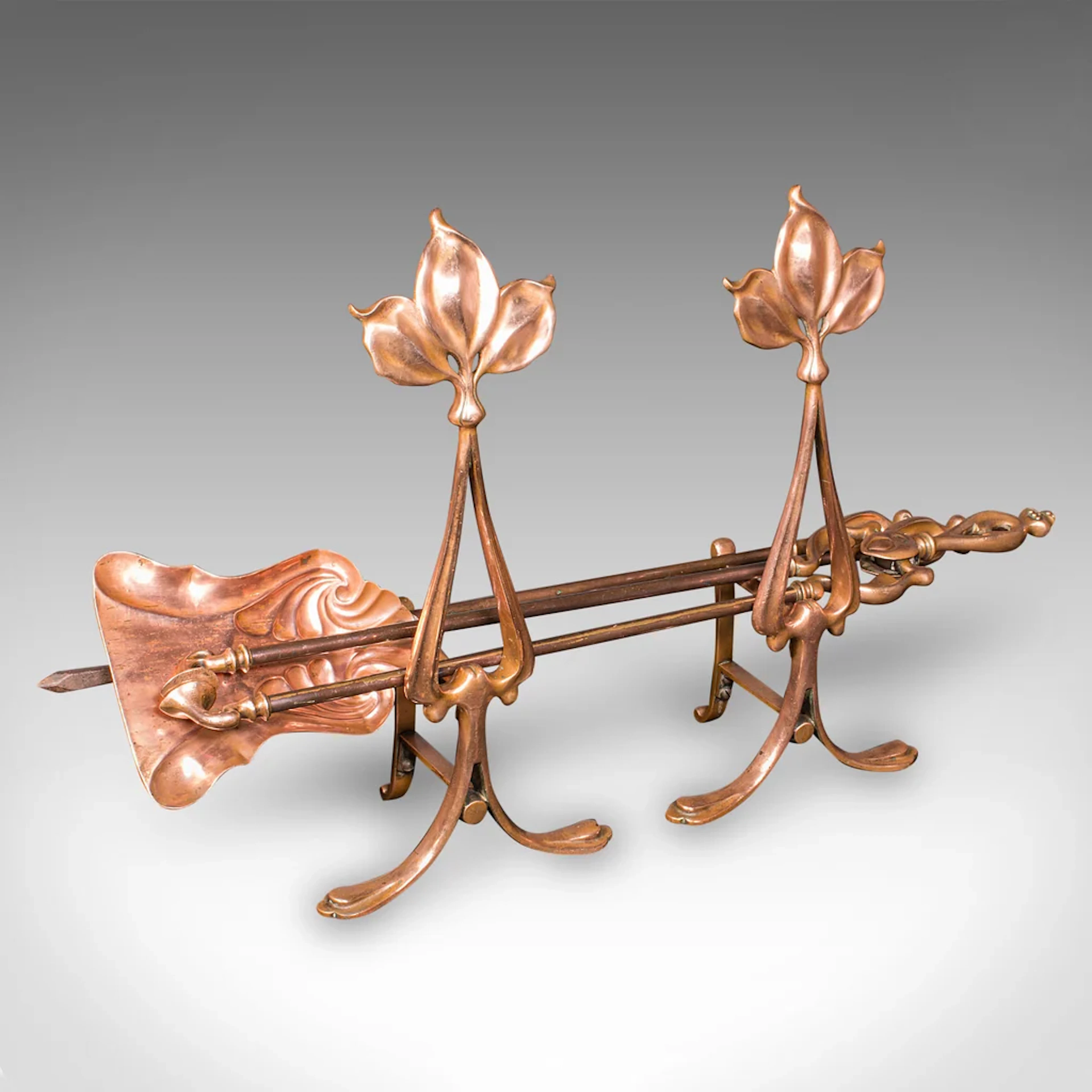 Antique Fireside Companion Set, French Bronze Fire Tools, Art Nouveau