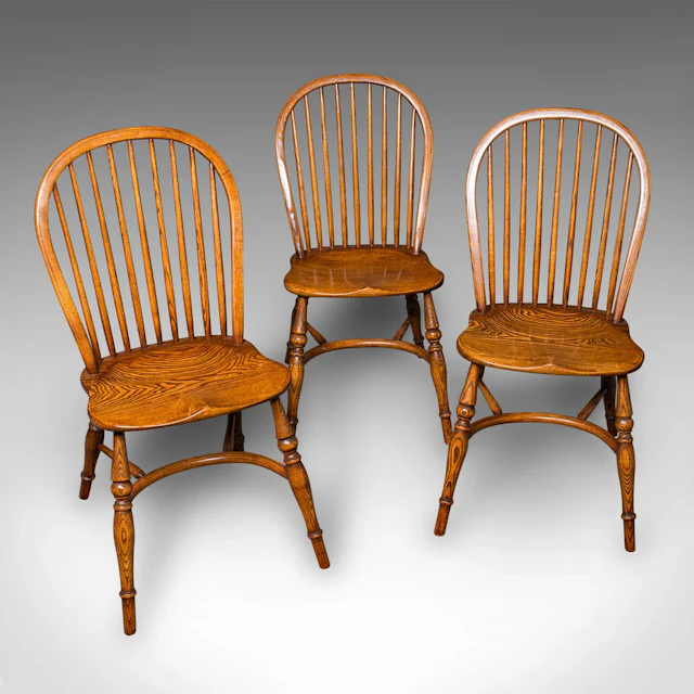 Trio of Vintage Country Kitchen Chairs, English Ash, Elm, Victorian
