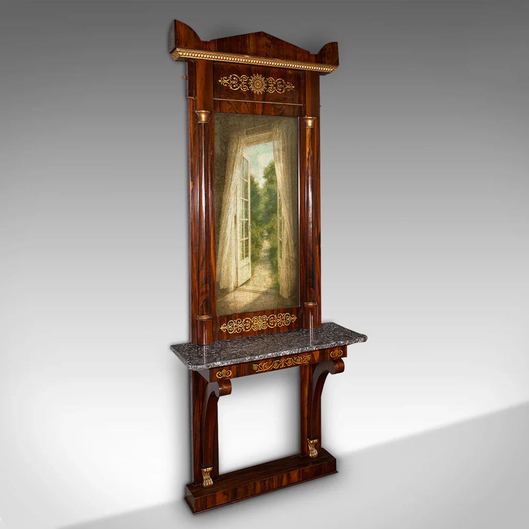 Very Tall 8' Antique Empire Style Mirror, Italian, Walnut, Marble, Victorian
