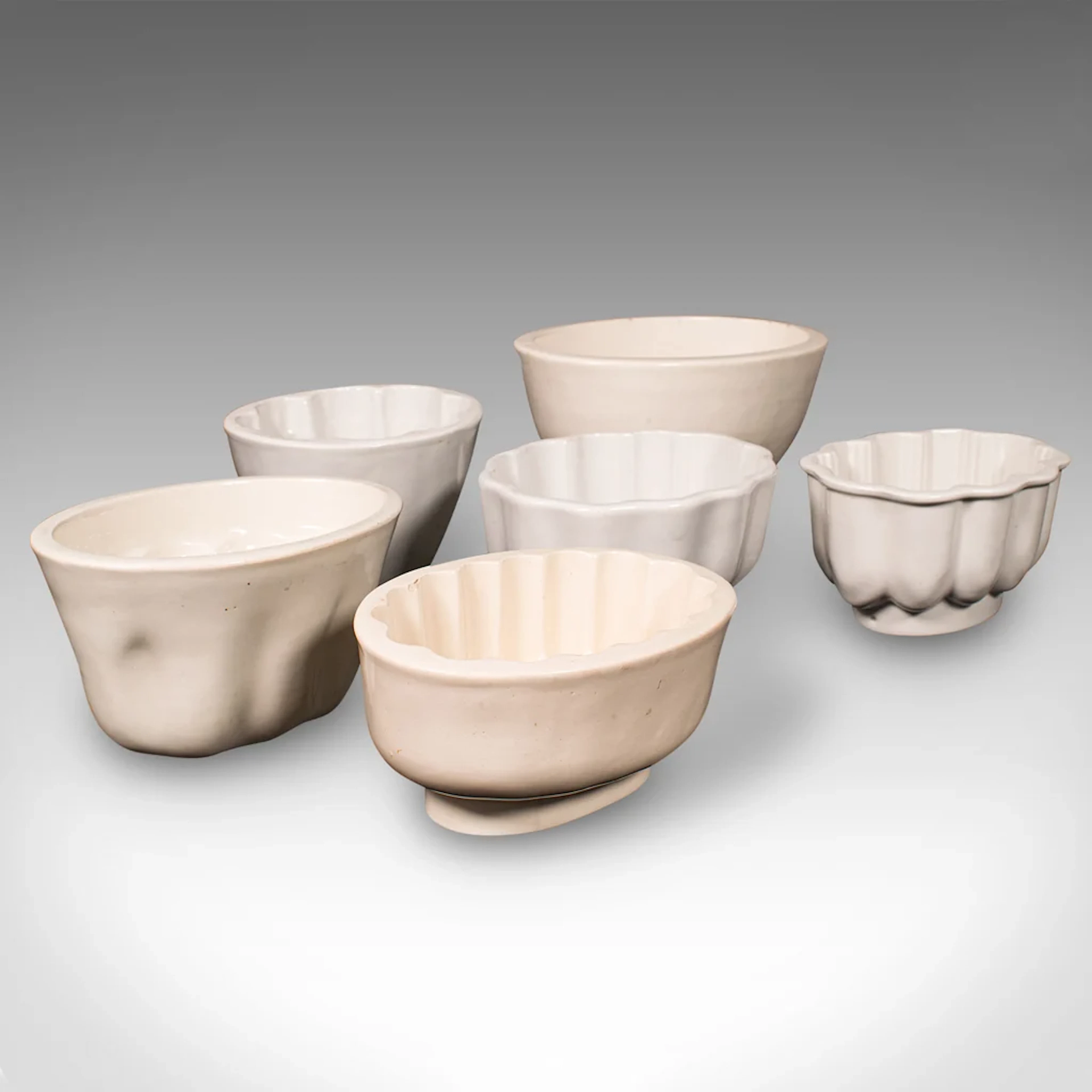 Set Of 6 Antique Jelly Moulds, English, Ceramic, Decorative Patterns, Victorian