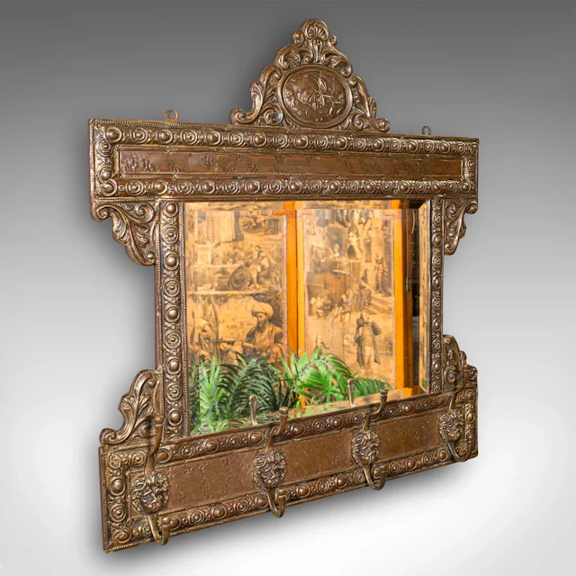 Antique Hallway Valet Mirror, Dutch, Brass, Reception, Wall, Edwardian, C.1910