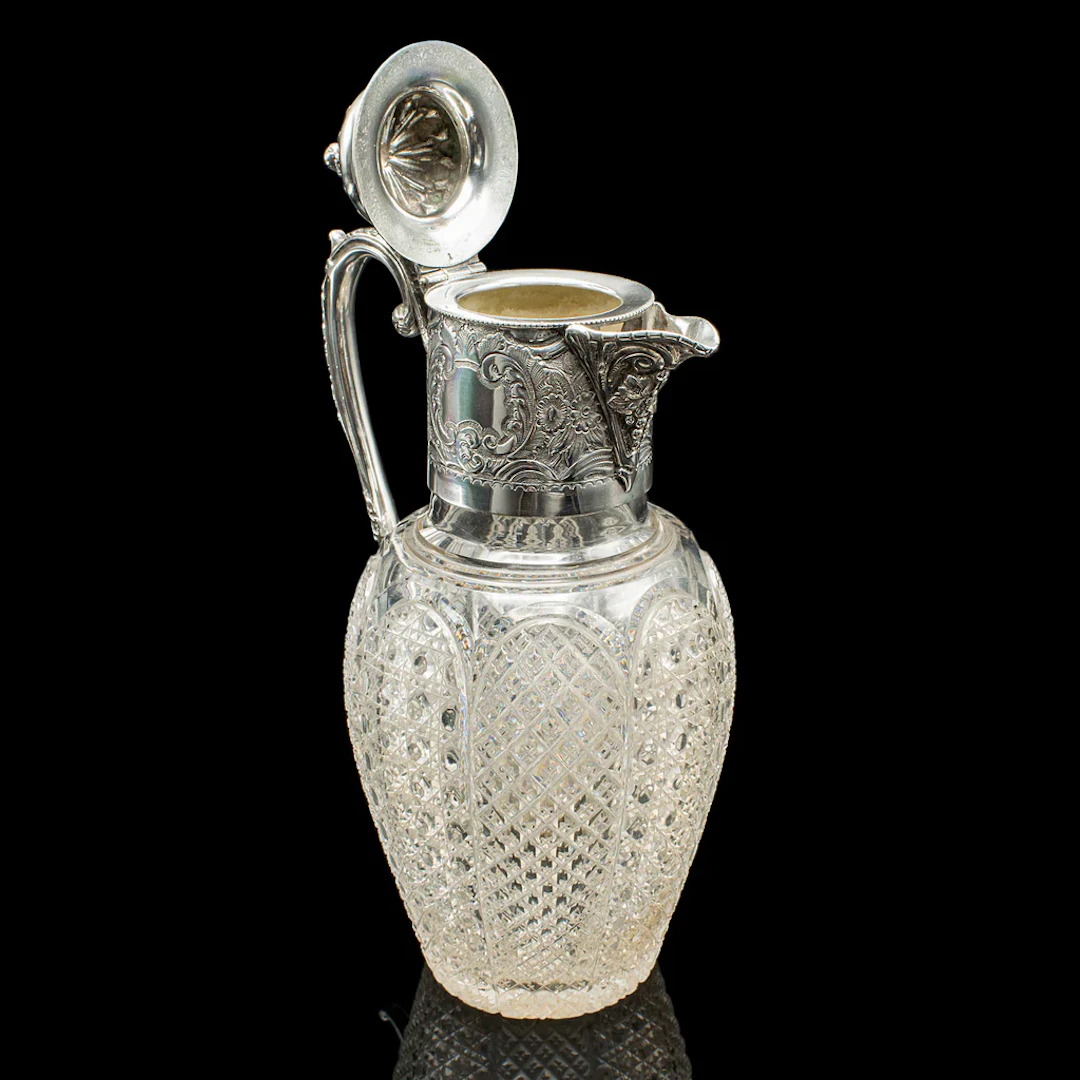 Antique Dessert Wine Jug, English, Glass, Silver Plate, Serving Ewer, Victorian