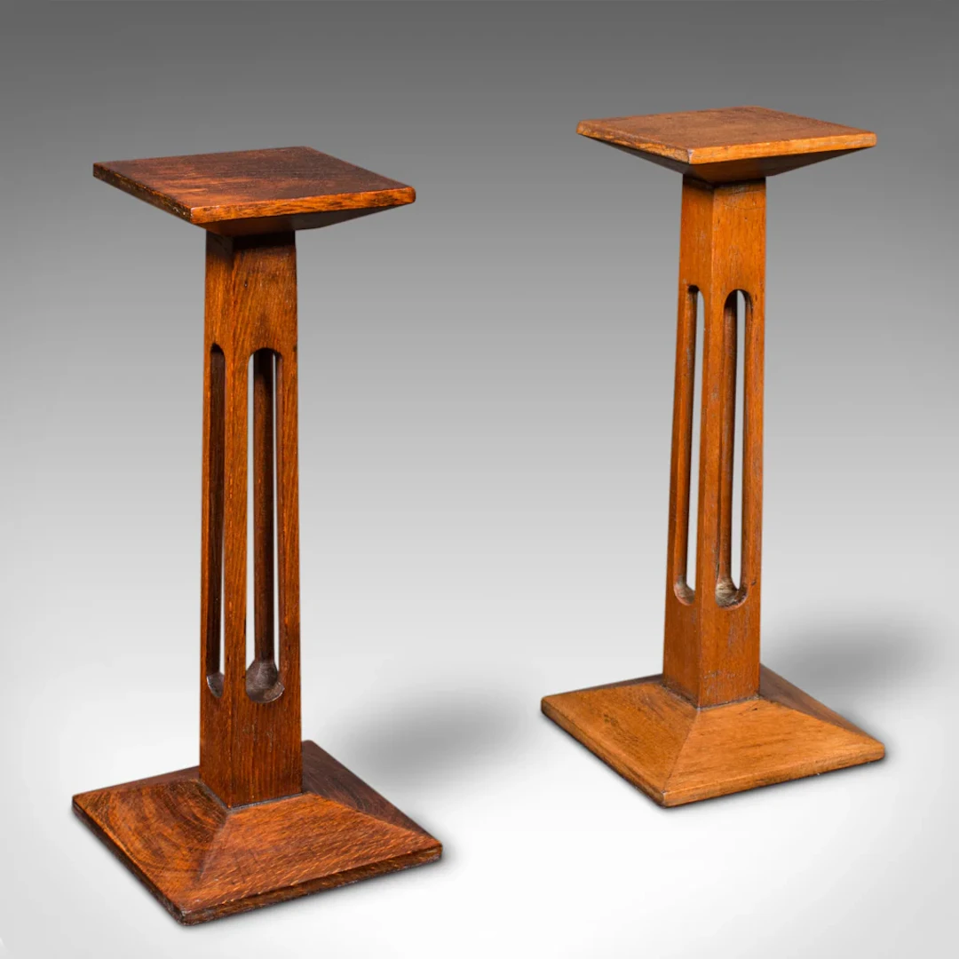 Pair Of Antique Statue Stands, English, Oak, Pedestal, Torchere, Edwardian