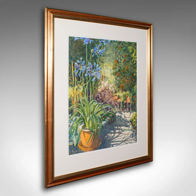 Vintage Garden Painting, English Oil On Board, Glass, Flower Art