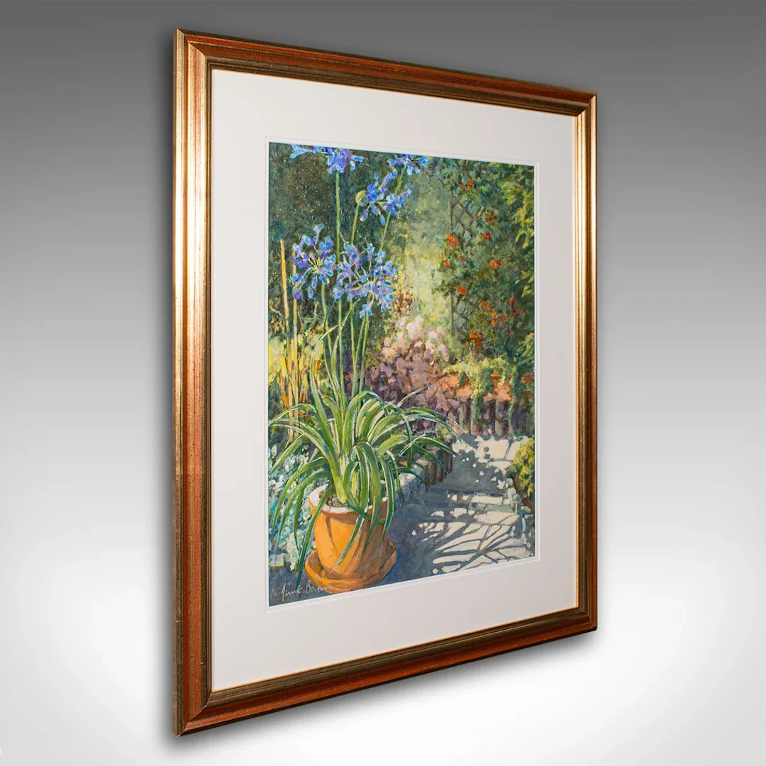 Vintage Garden Painting, English Oil On Board, Glass, Flower Art