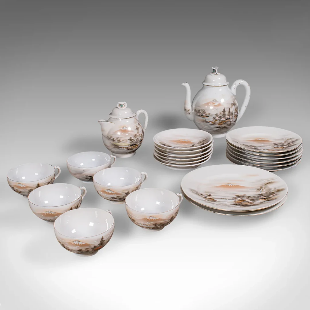 Antique Kutani Tea Service, Japanese, Porcelain, Teapot, Cup & Saucer