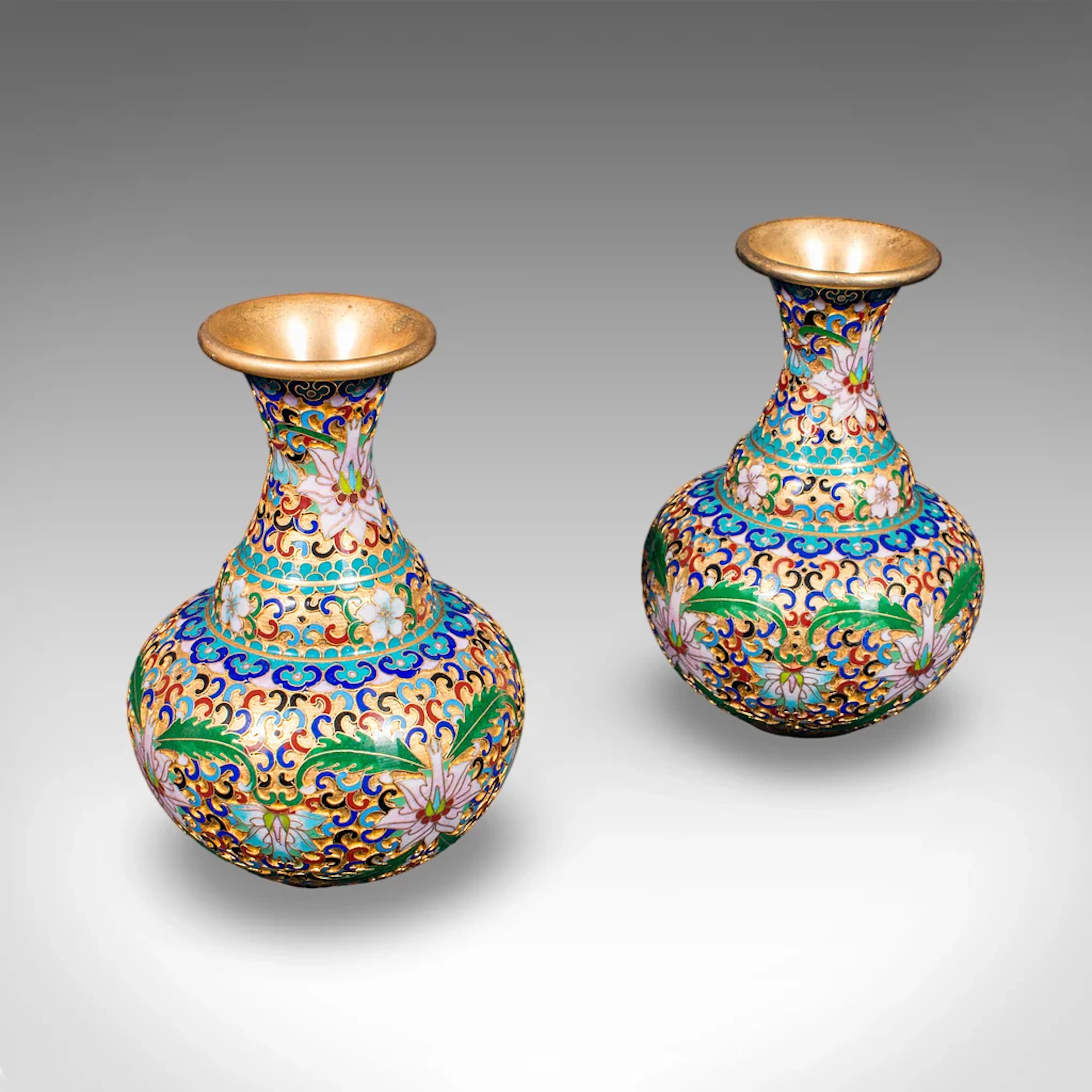 Pair of Small Vintage Baluster Form Vases, Oriental, Cloisonne, Posy