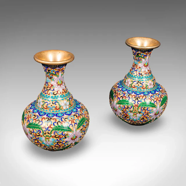 Pair of Small Vintage Baluster Form Vases, Oriental, Cloisonne, Posy