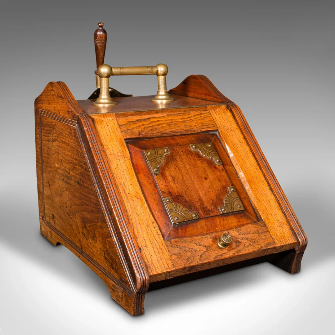 Antique Coal Purdonium, English, Oak, Fireside, Arts and Crafts, Victorian