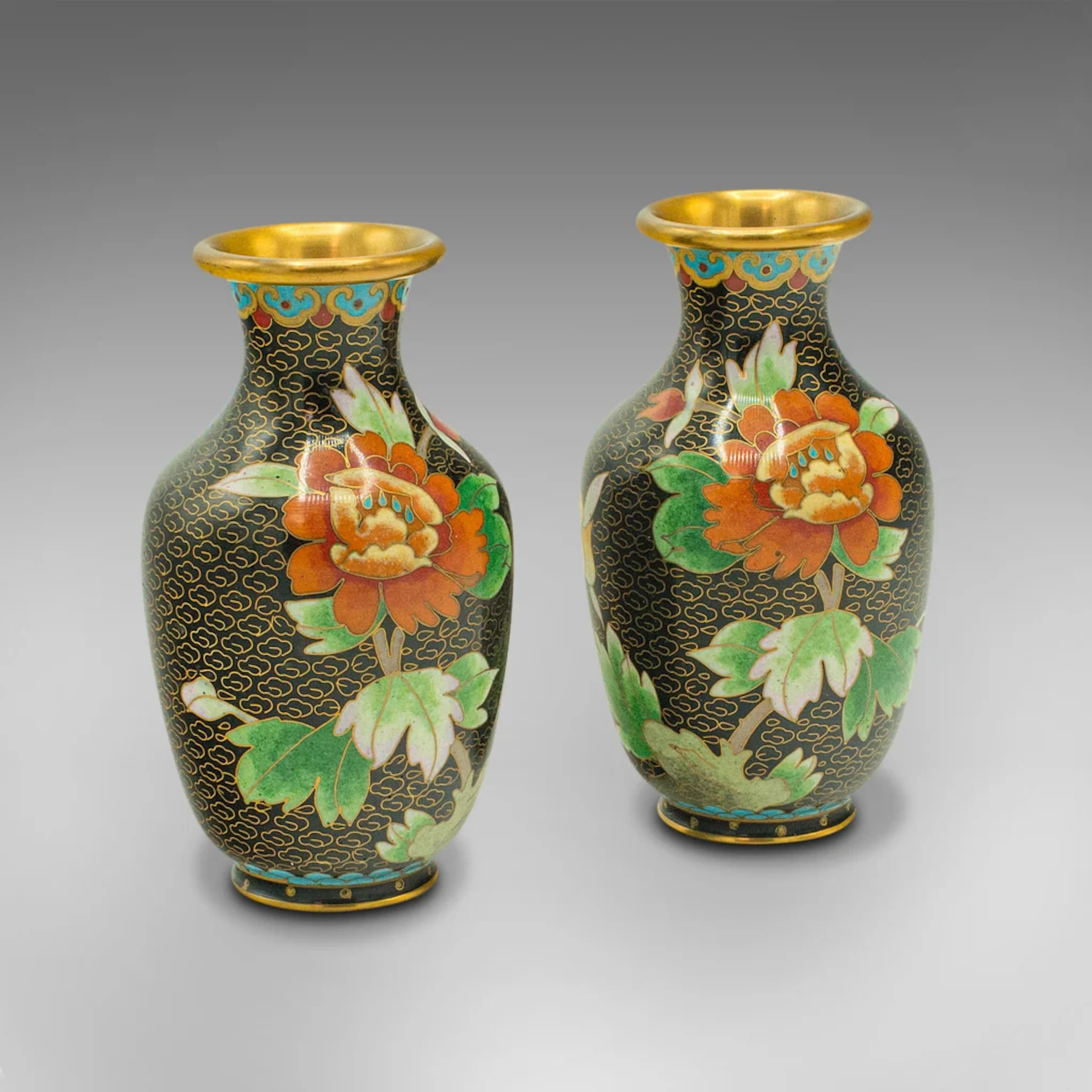 Pair Of Small Vintage Cloisonne Posy Vases, Japanese, Ceramic, Flower, Art Deco