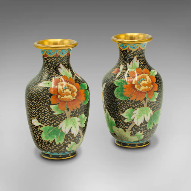 Pair Of Small Vintage Cloisonne Posy Vases, Japanese, Ceramic, Flower, Art Deco