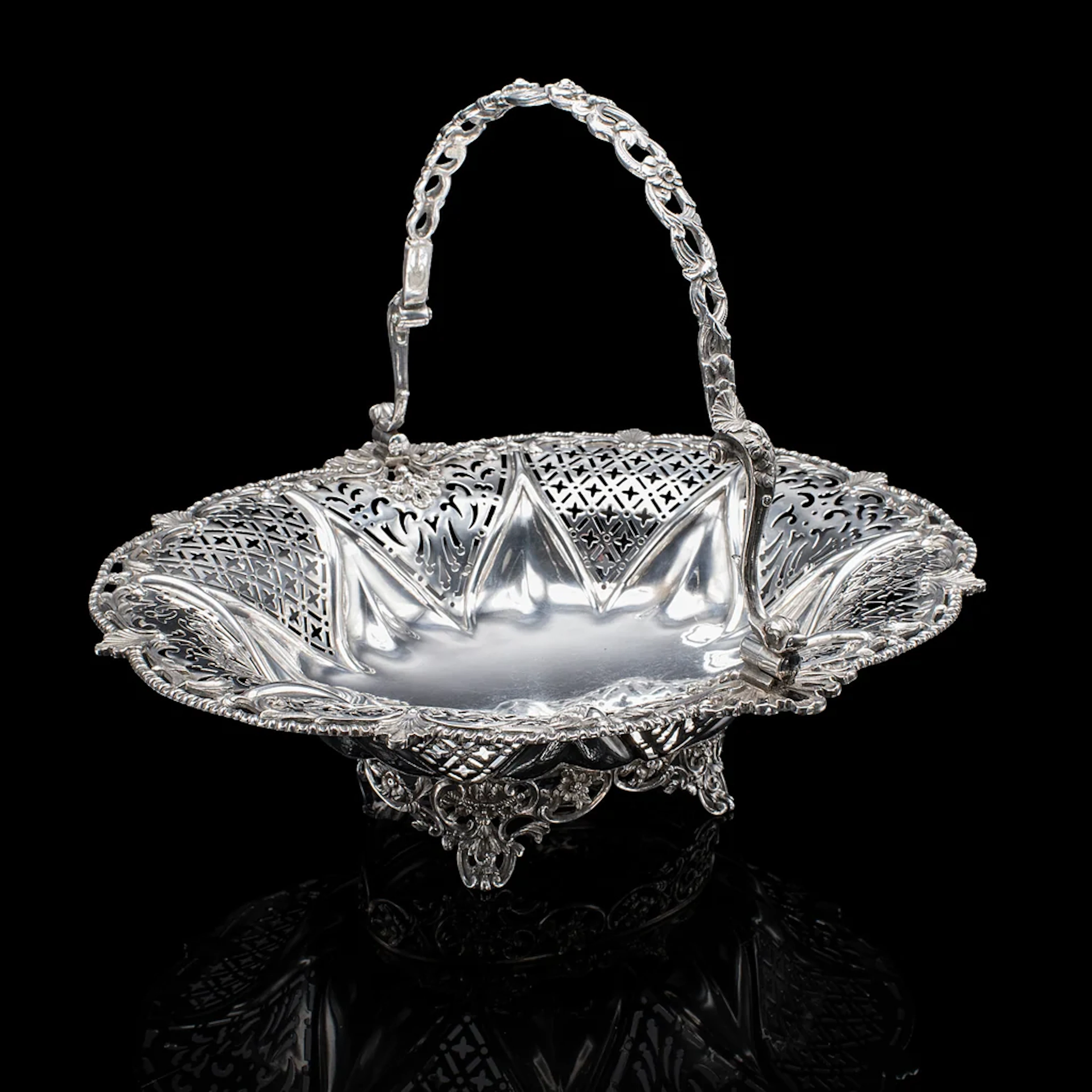 Vintage Decorative Cake Basket, English, Silver Plate, Fruit Dish, Mid Century