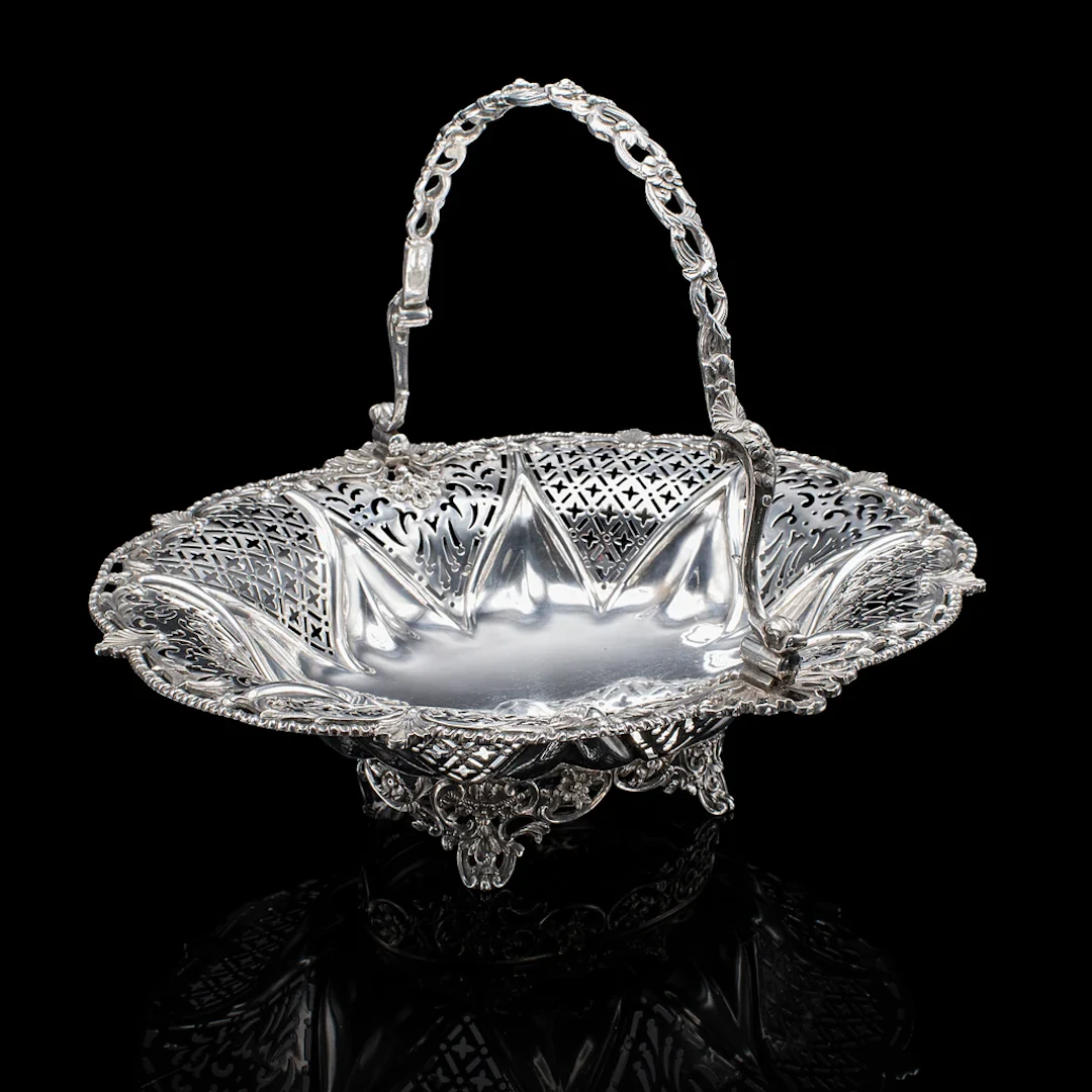 Vintage Decorative Cake Basket, English, Silver Plate, Fruit Dish, Mid Century