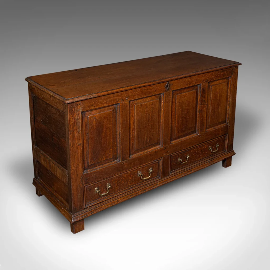 Antique 4 Panel Coffer, English, Oak, Linen, Mule Chest, Country House