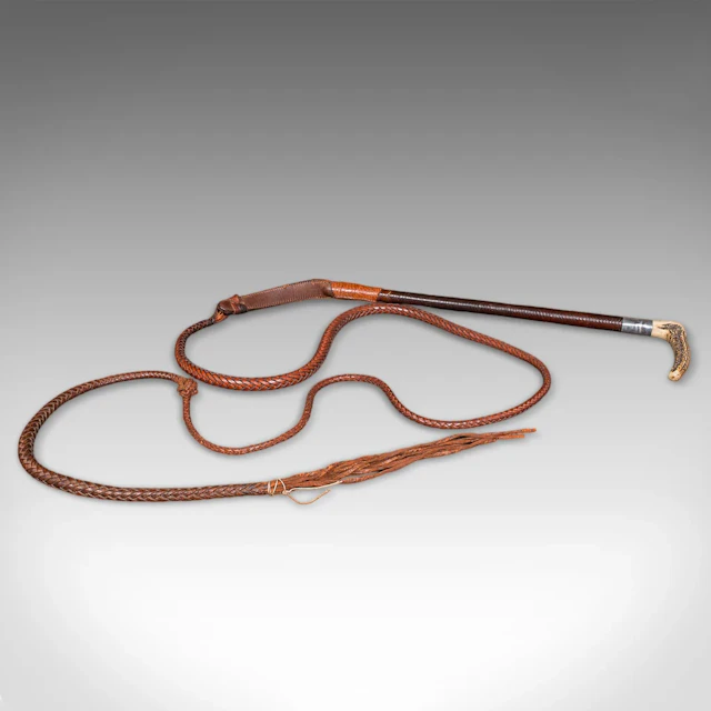 9' Long Antique Hunting Whip, English Leather, Silver, Equestrian
