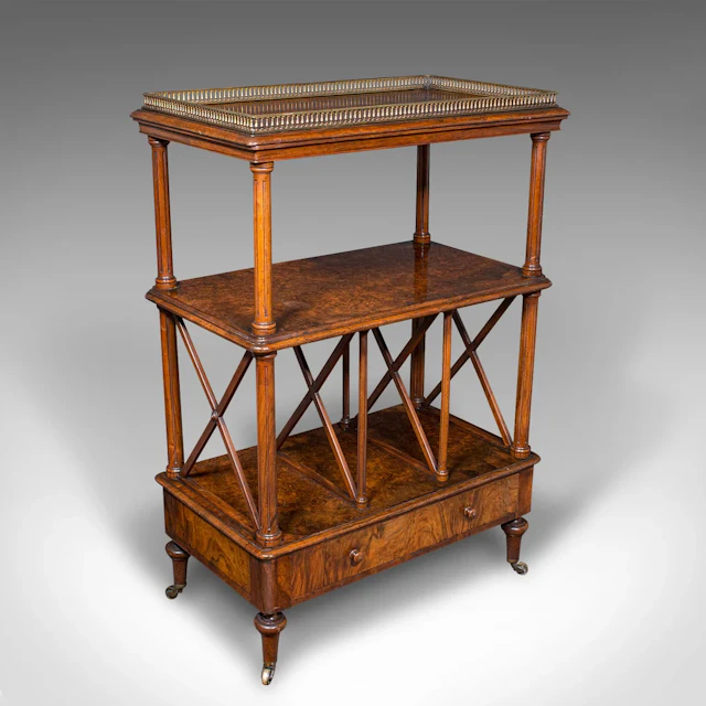 Antique Canterbury Whatnot, English Burr Walnut, Display Stand, Etagere