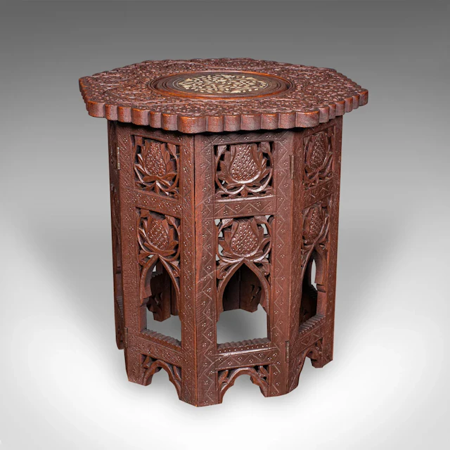 Small Vintage Campaign Ornamental Table, Burmese Teak, Folding, Lamp, Art Deco