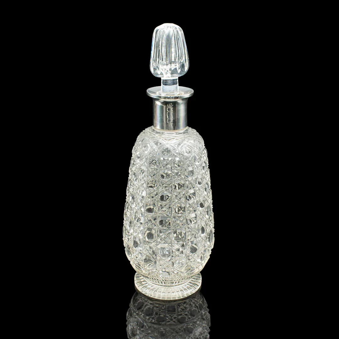 Antique Spirit Decanter, Edwardian, Cut Glass, Hallmarked Silver, English, 1903