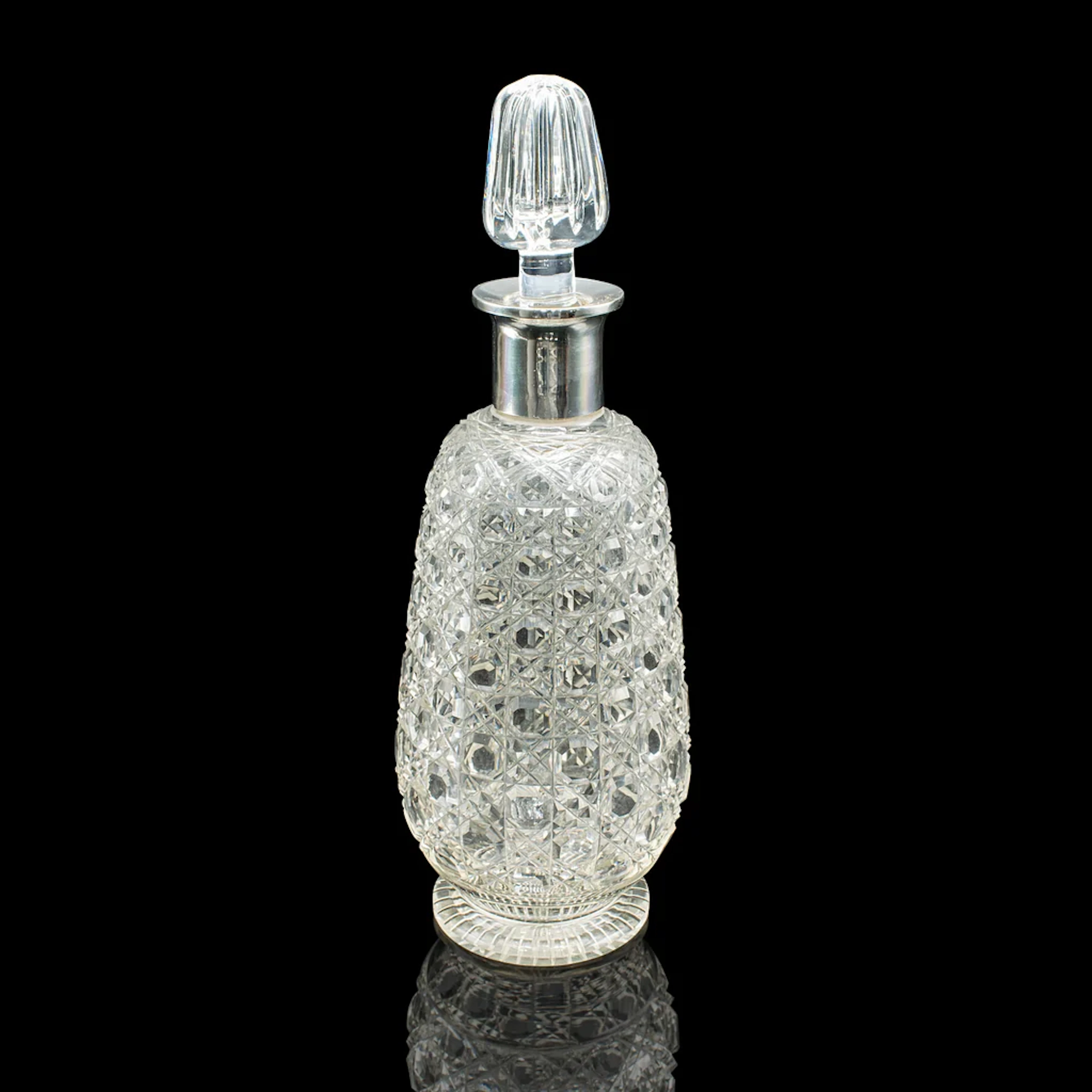 Antique Spirit Decanter, Edwardian, Cut Glass, Hallmarked Silver, English, 1903
