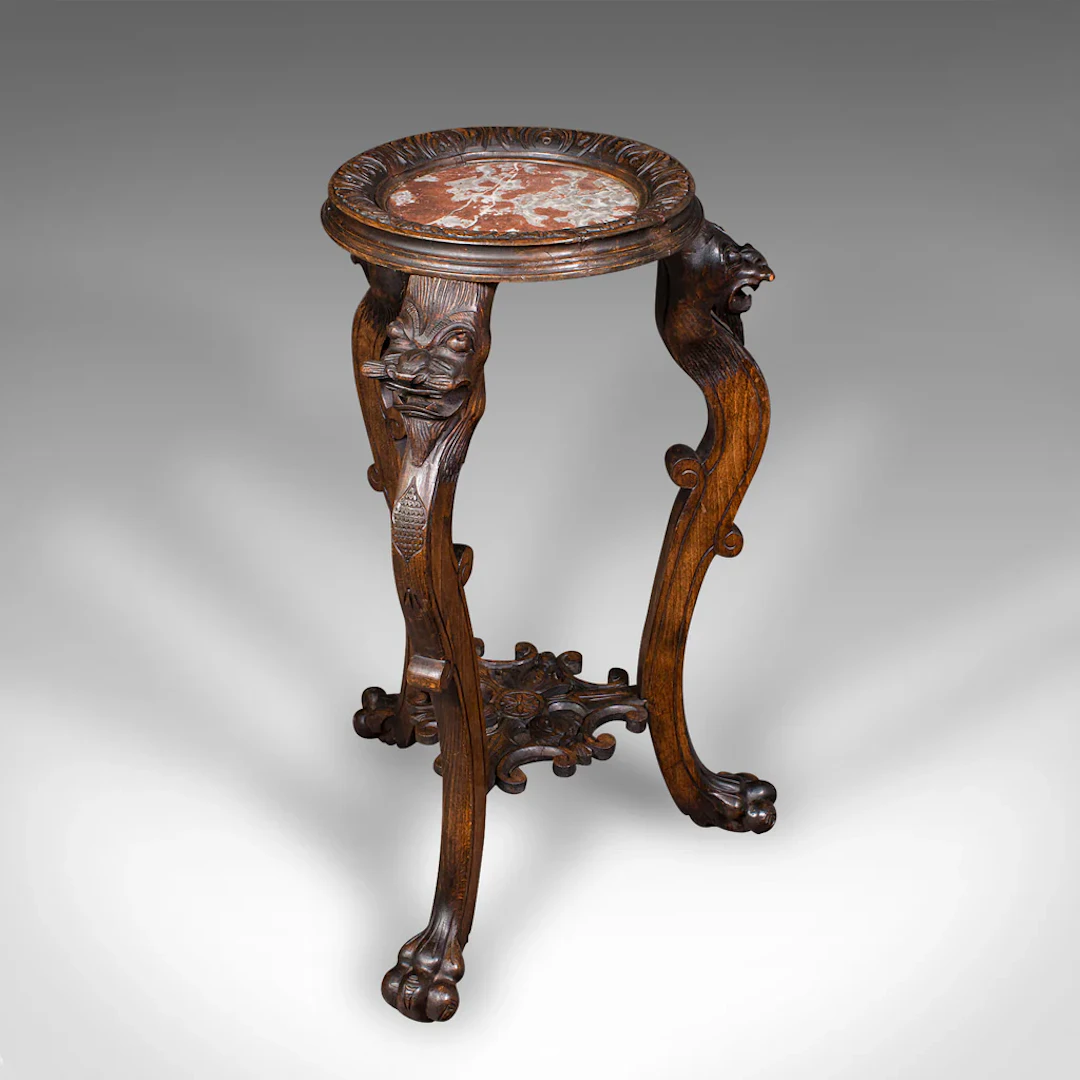 Vintage Jardiniere Stand, Oriental, Beech, Marble, Wine, Lamp Table, Art Deco