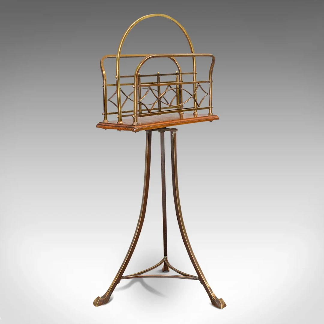 Antique Newspaper Stand, French, Walnut, Brass, Magazine, Music Rack, Victorian