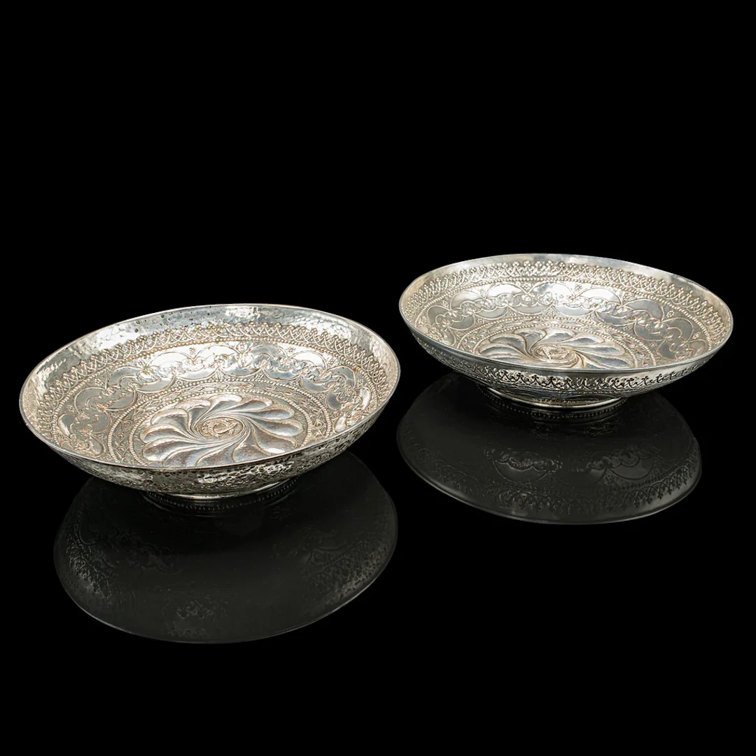 Pair of Antique Presentation Serving Dishes, Indian Silver Plate Bowl