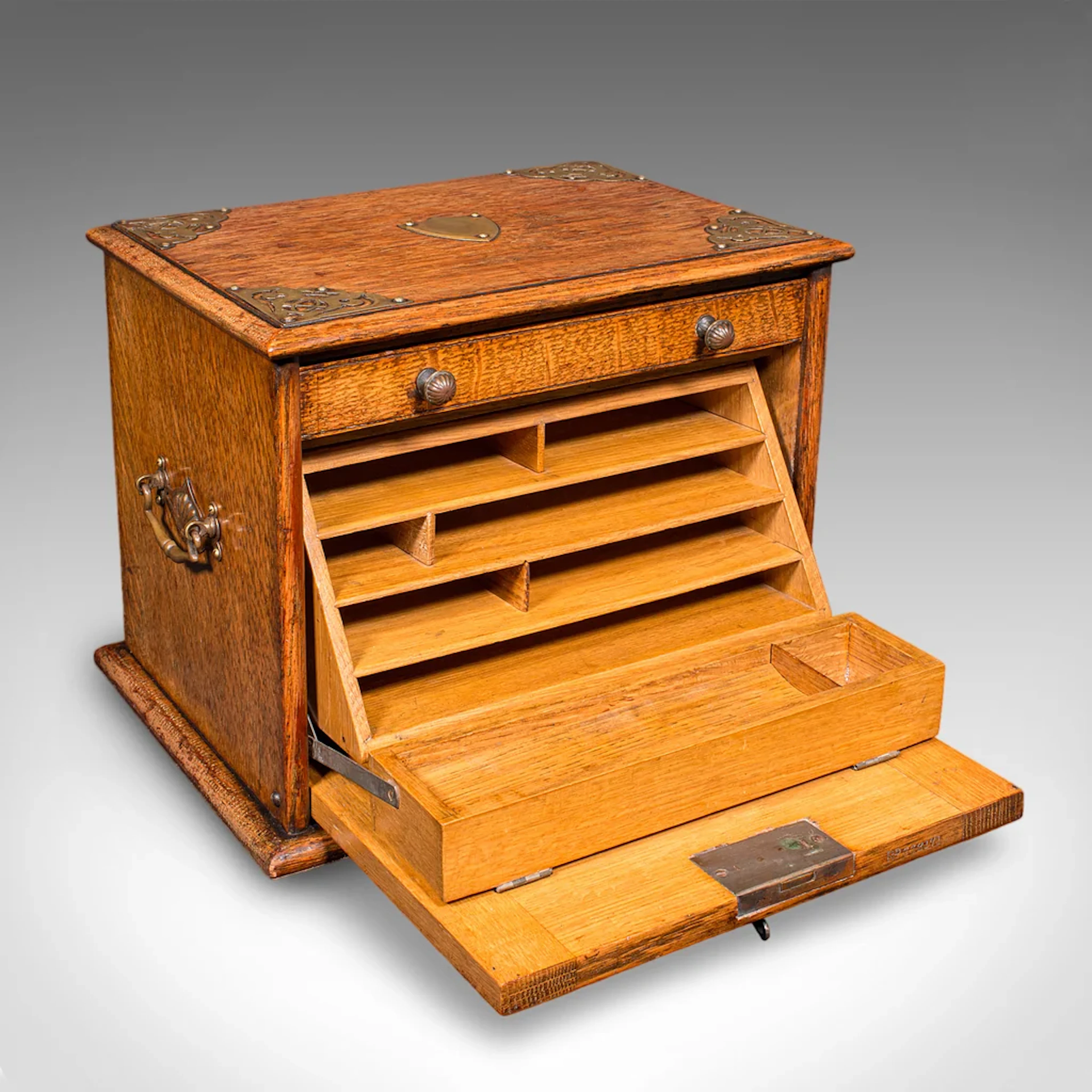 Antique Stationery Box, English, Golden Oak, Fall Front Desk Tidy, Edwardian