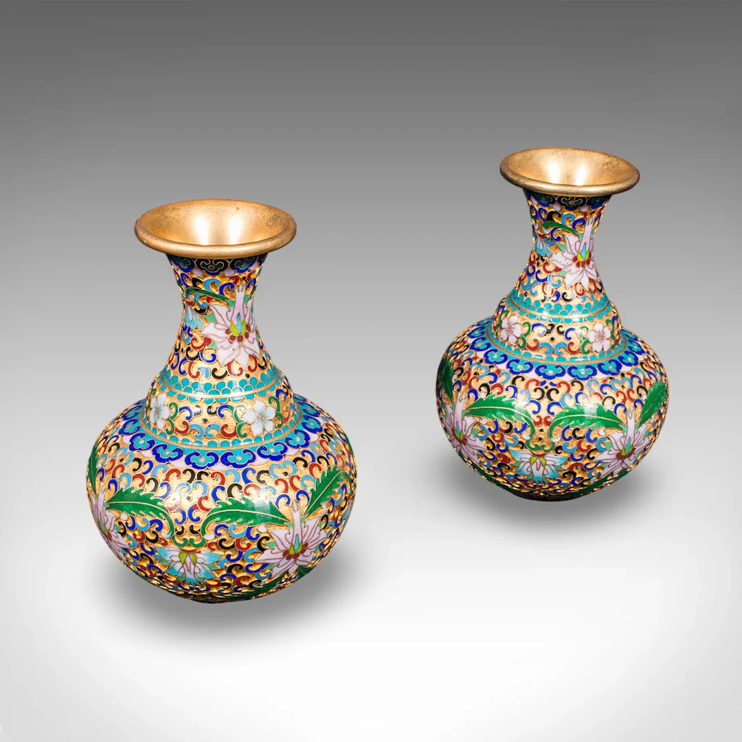 Pair of Small Vintage Baluster Form Vases, Oriental, Cloisonne, Posy