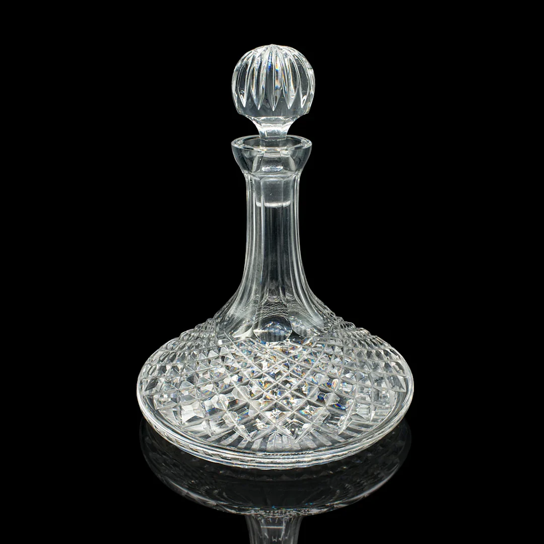 Vintage Ship’s Decanter, English, Crystal Glass Wine Vessel, Mid Century