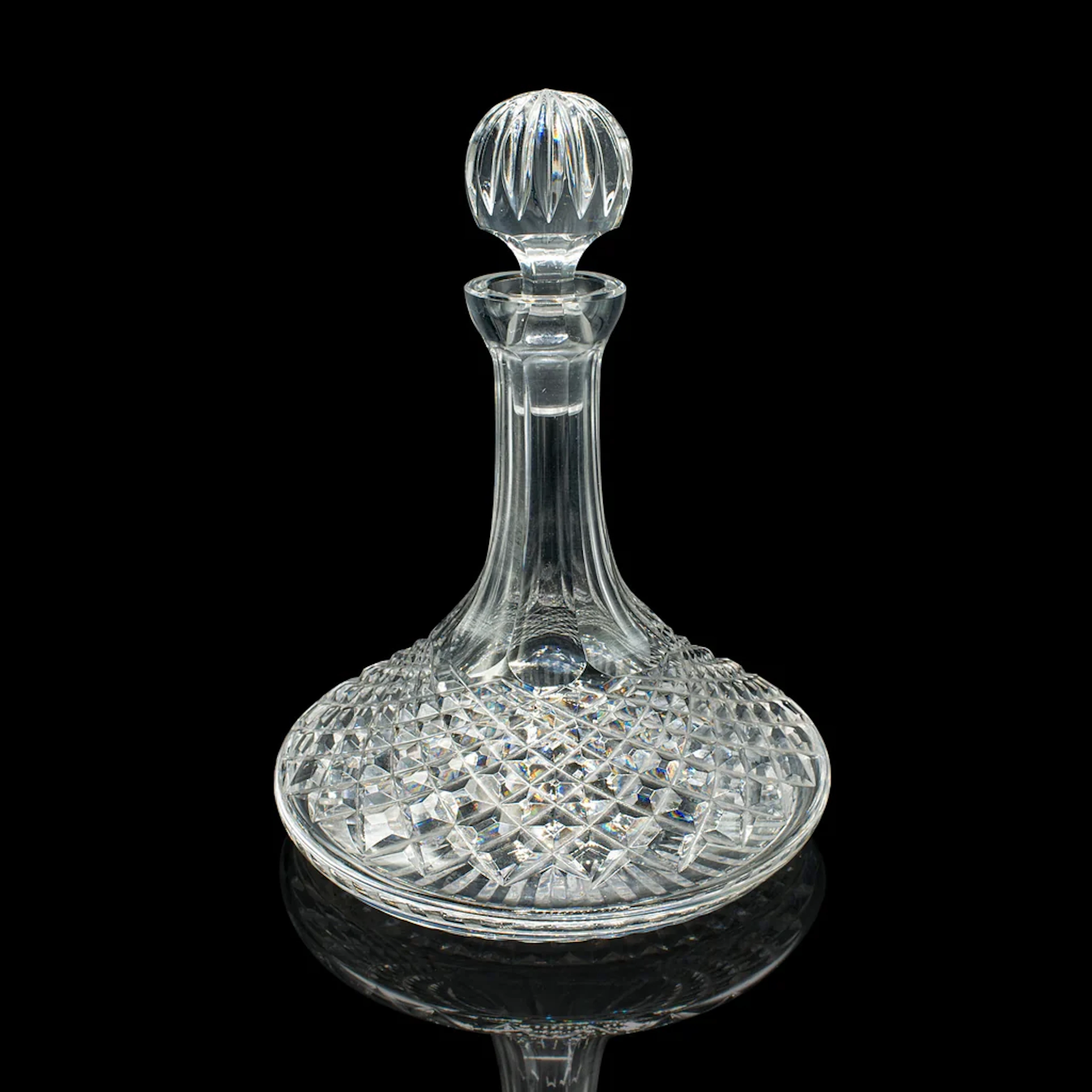 Vintage Ship’s Decanter, English, Crystal Glass Wine Vessel, Mid Century