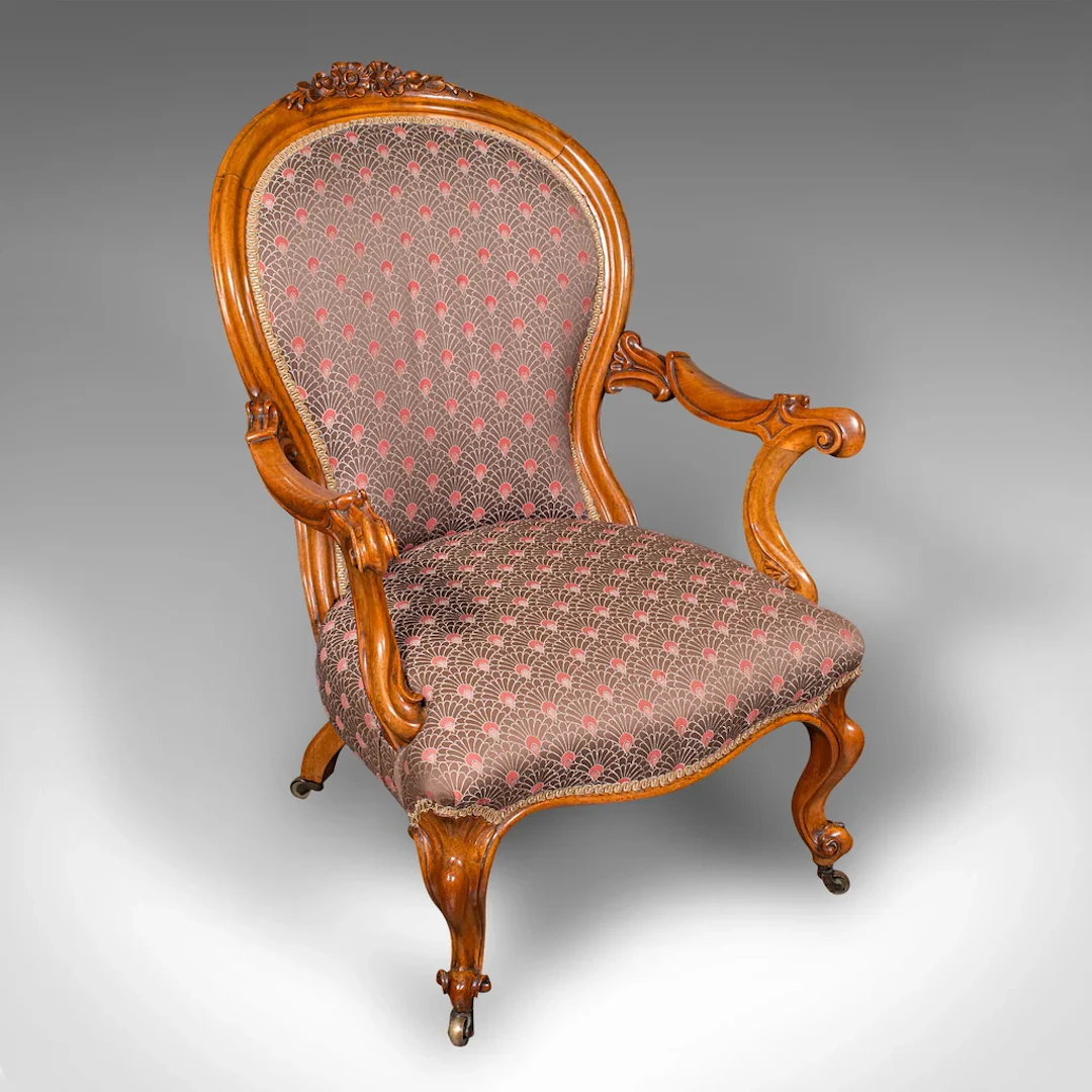 Antique Spoon Back Elbow Chair, English, Walnut, Armchair, Early Victorian