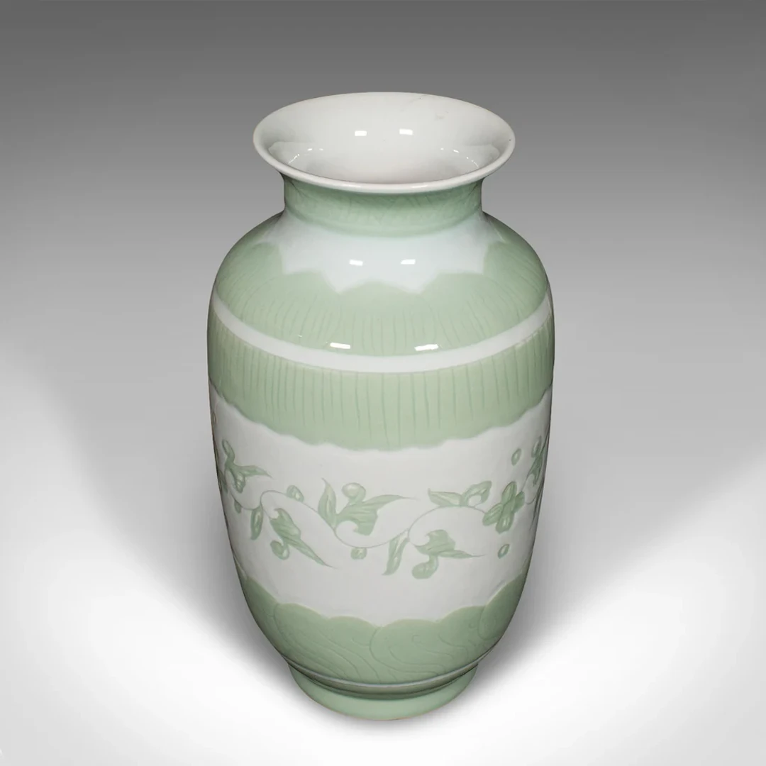 Large Antique Flower Bouquet Vase, Chinese, Celadon Ceramic Urn, Victorian