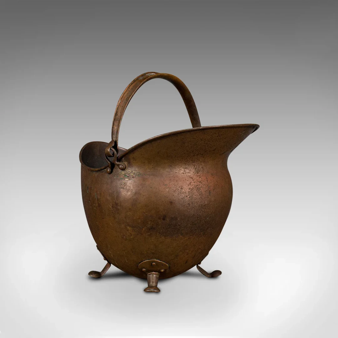 Antique Helmet Scuttle, English, Copper, Coal Basket, Fireplace, Victorian