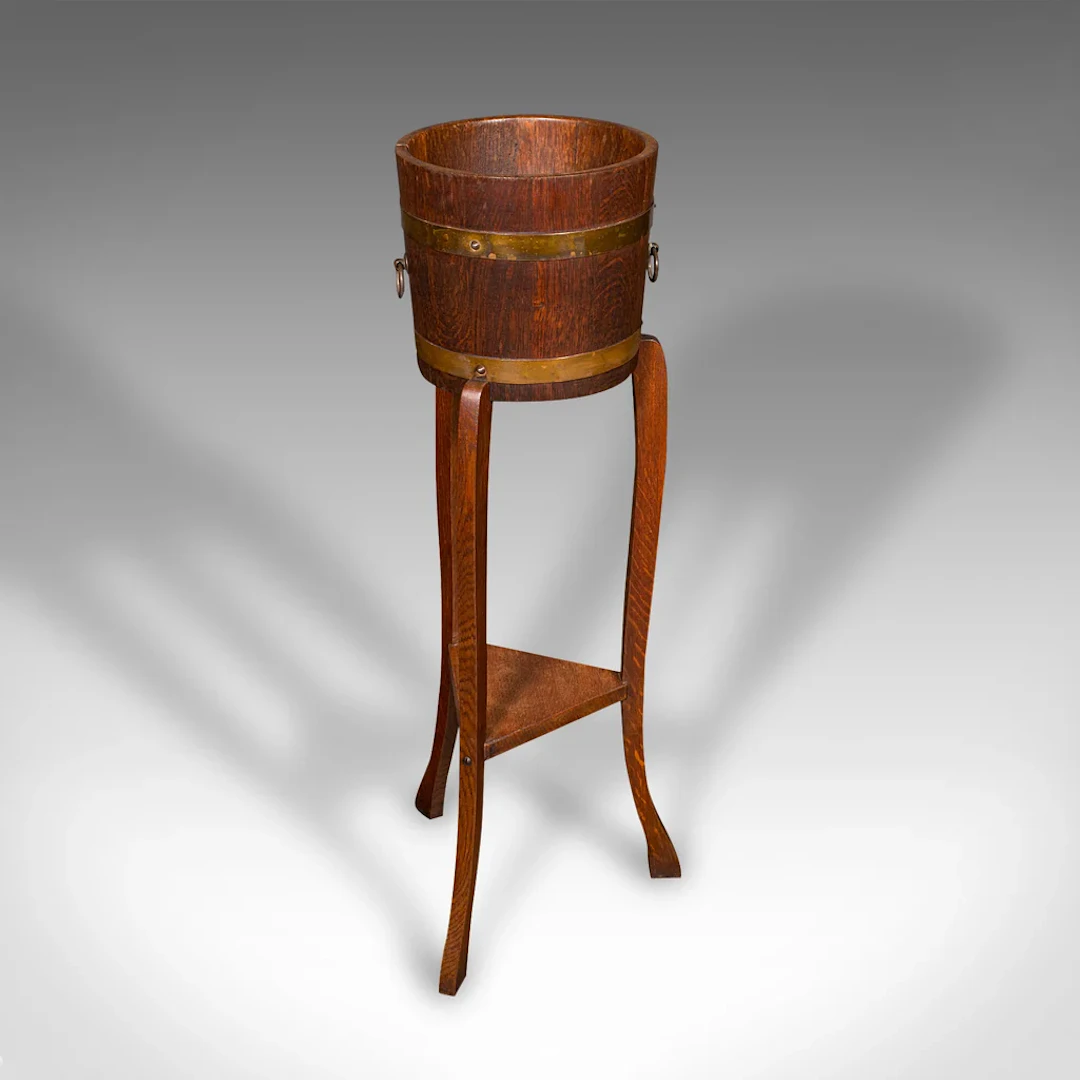 Antique Decorative Jardiniere Stand, English, Coopered Oak, Planter, Circa 1920