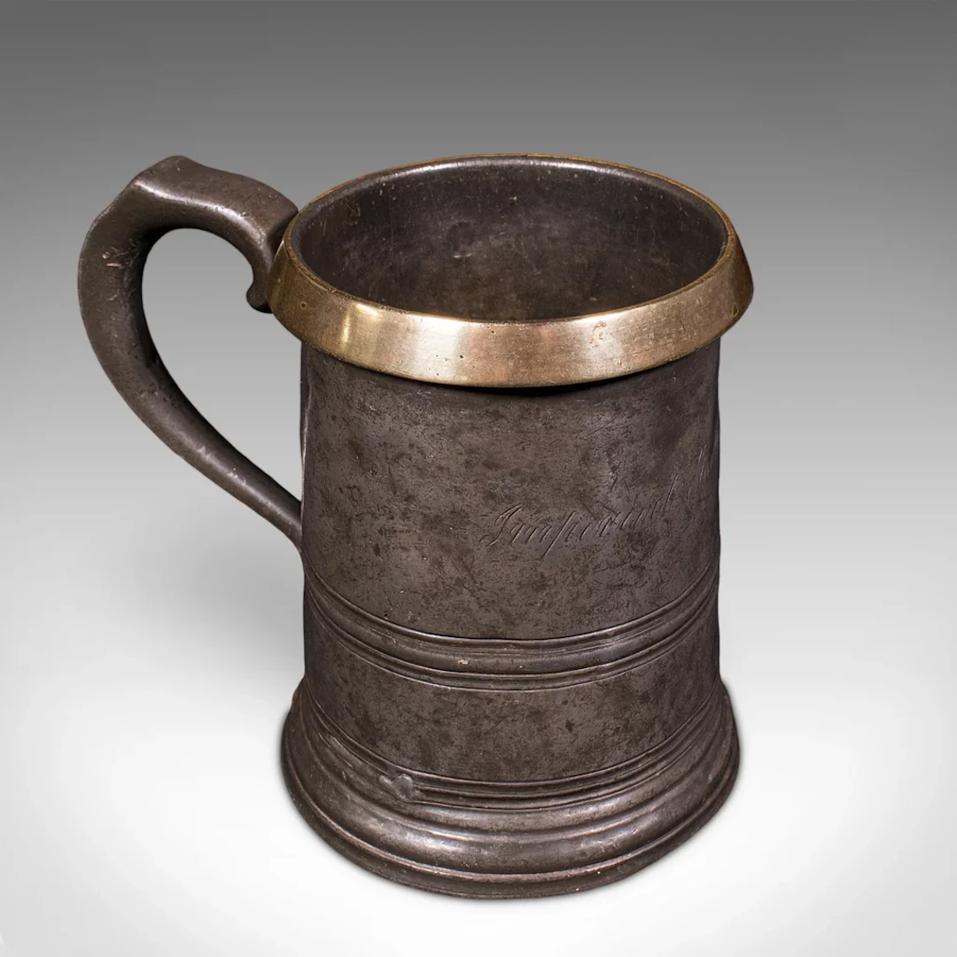 Antique Public House Tankard, English, Pewter, Quart Jug, Breweriana, Victorian