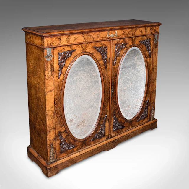 Antique Morning Room Book Cabinet, English Walnut Mirror Front Bookcase
