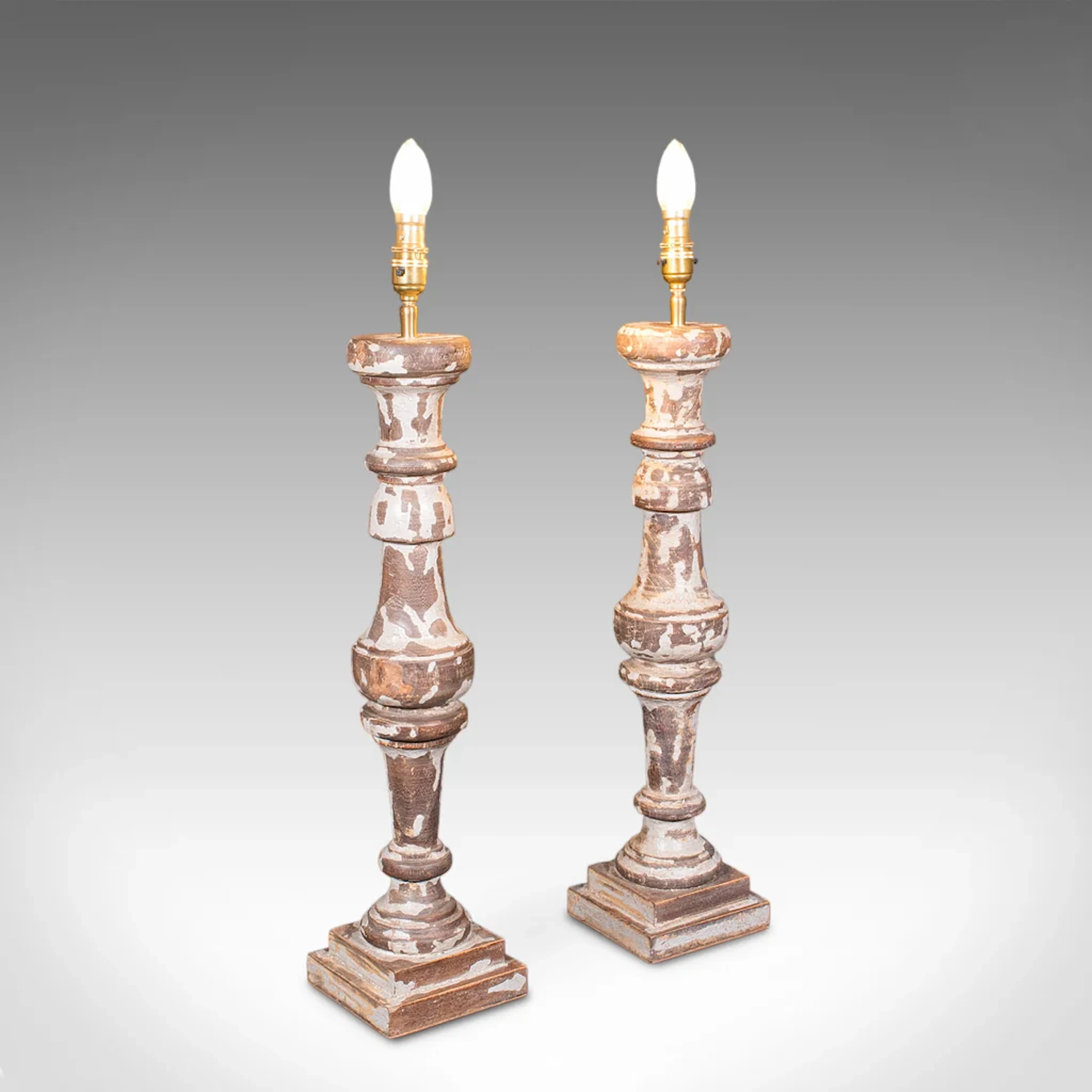 Pair of Antique Lamp Bases, English, Painted Pine Electric Light