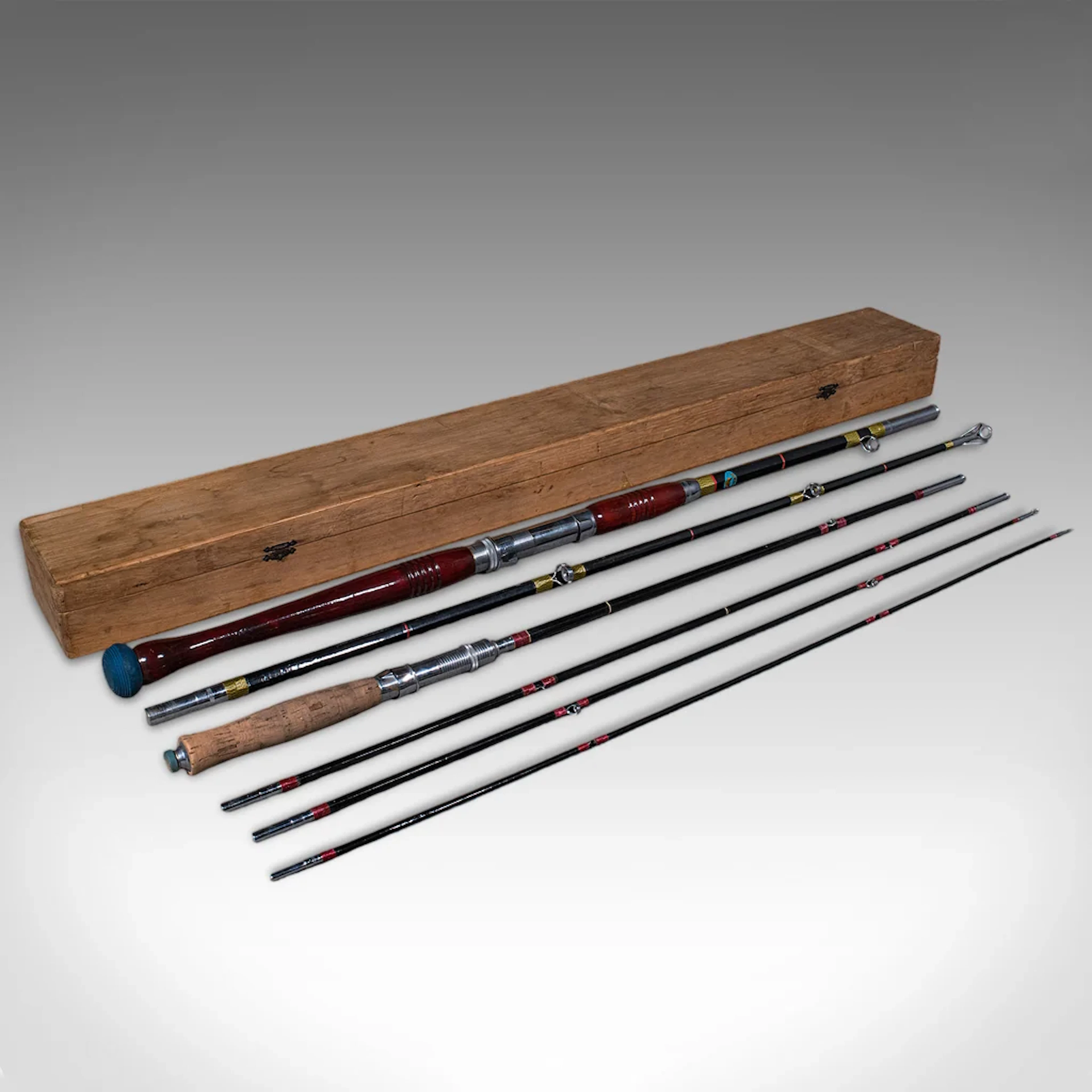 Vintage Cased Fishing Rod Set, Japanese, Cased, 8ft, 6ft, Mid Century, Pigeon