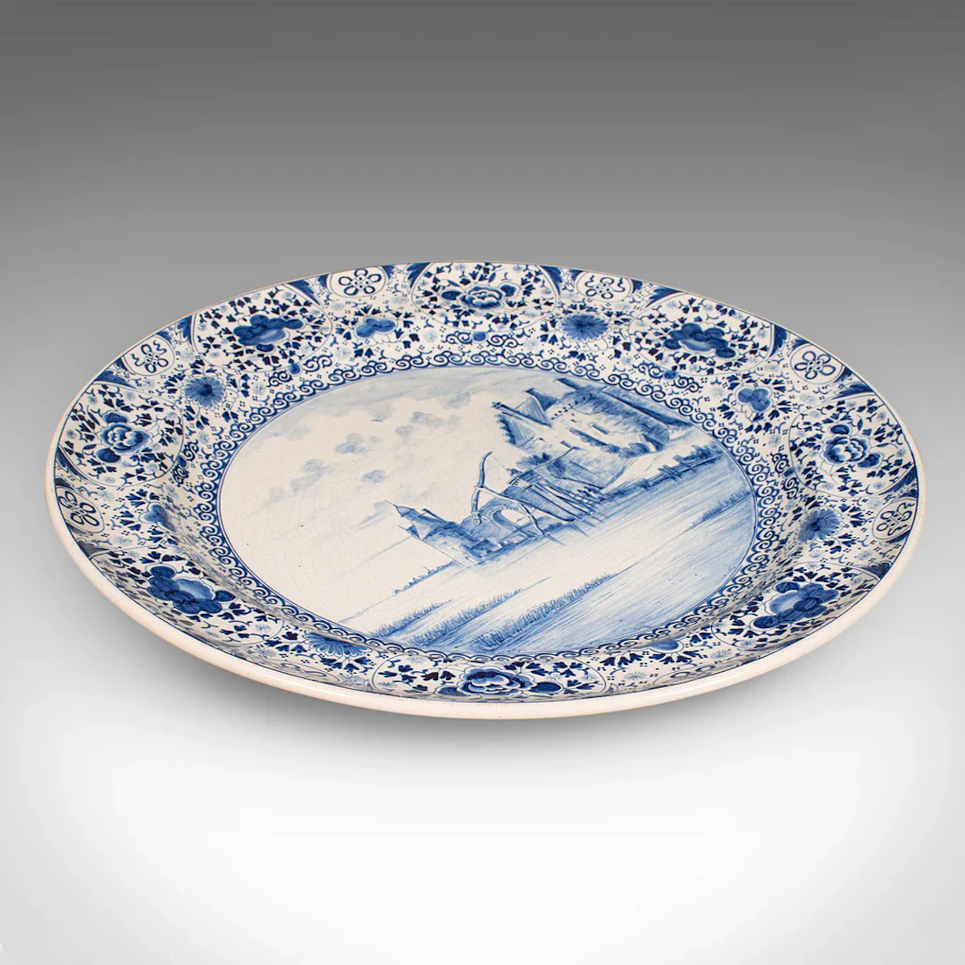 Large Antique Charger, Belgian, Ceramic, Serving Plate, Blue & White