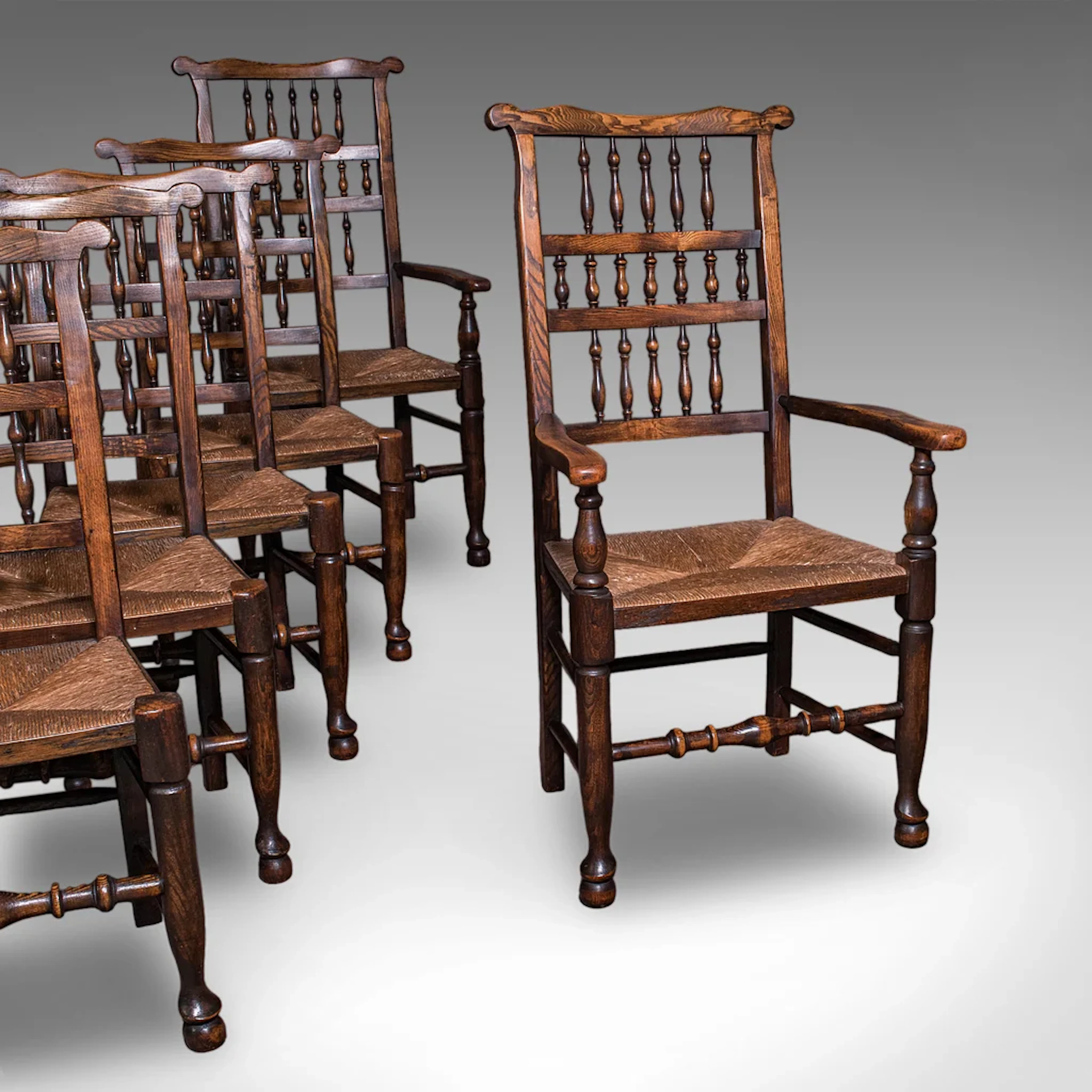 6 Antique Lancashire Dining Chairs, English Beech, Carver, Seat, Edwardian