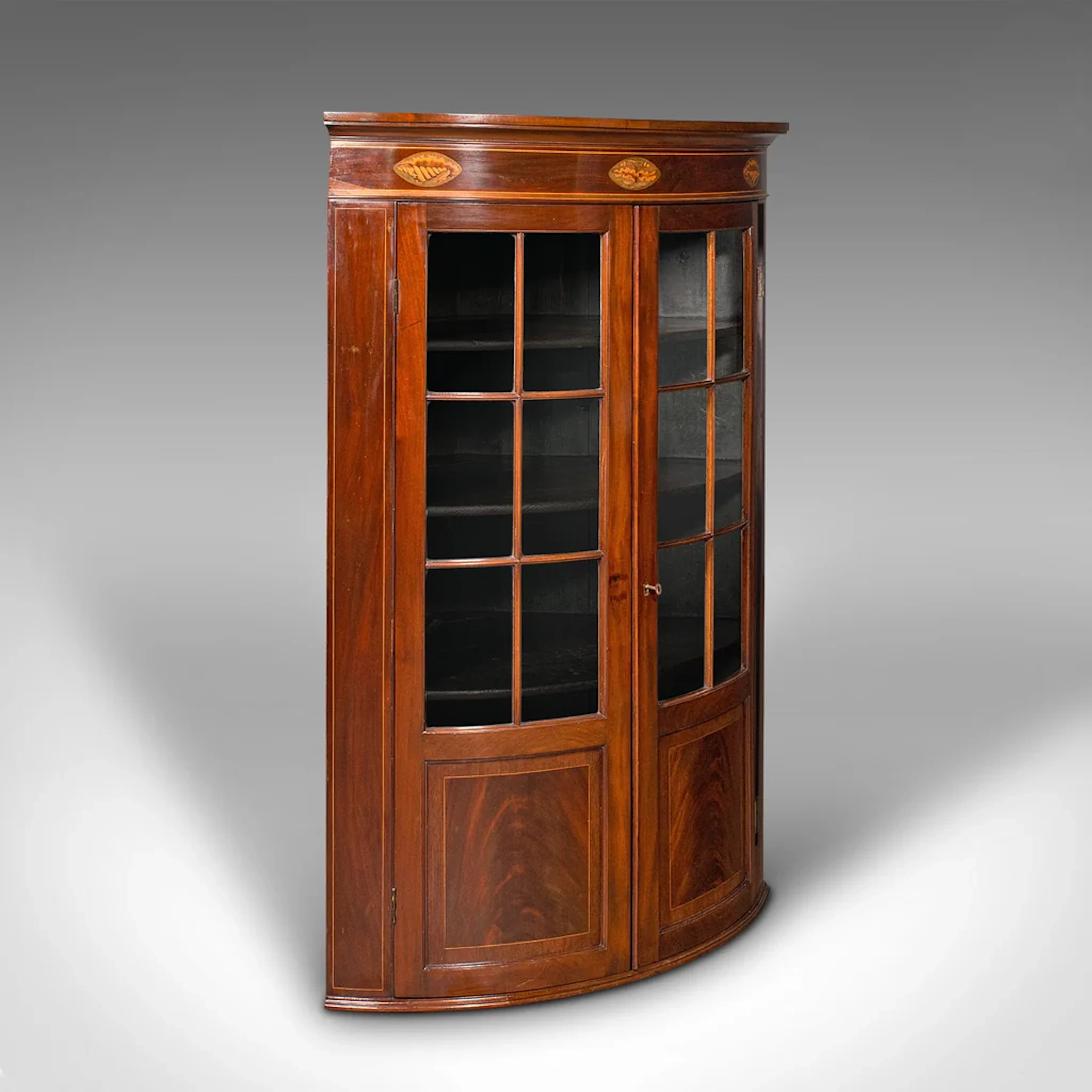 Antique Glazed Corner Cabinet, English, Bow Front, Display, Georgian