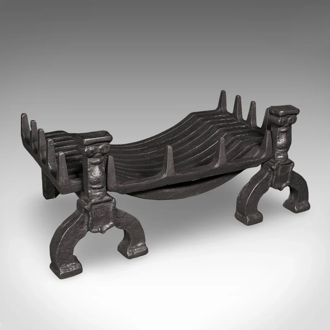 Antique Fireplace Hearth Set, English, Fire Basket, Andirons, Victorian, C.1870