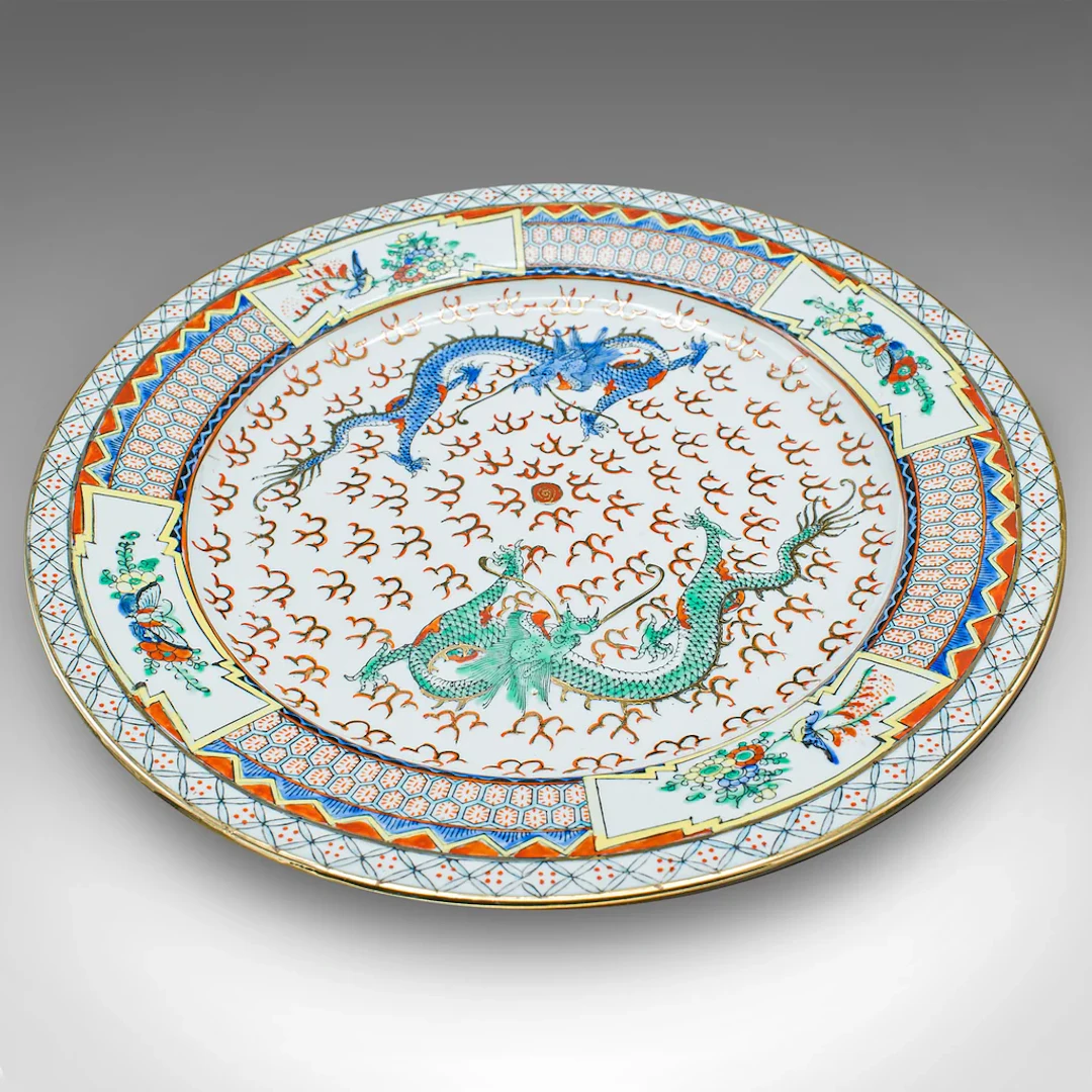 Vintage Display Plate, Chinese, Ceramic, Serving Dish, Art Deco, Dragons
