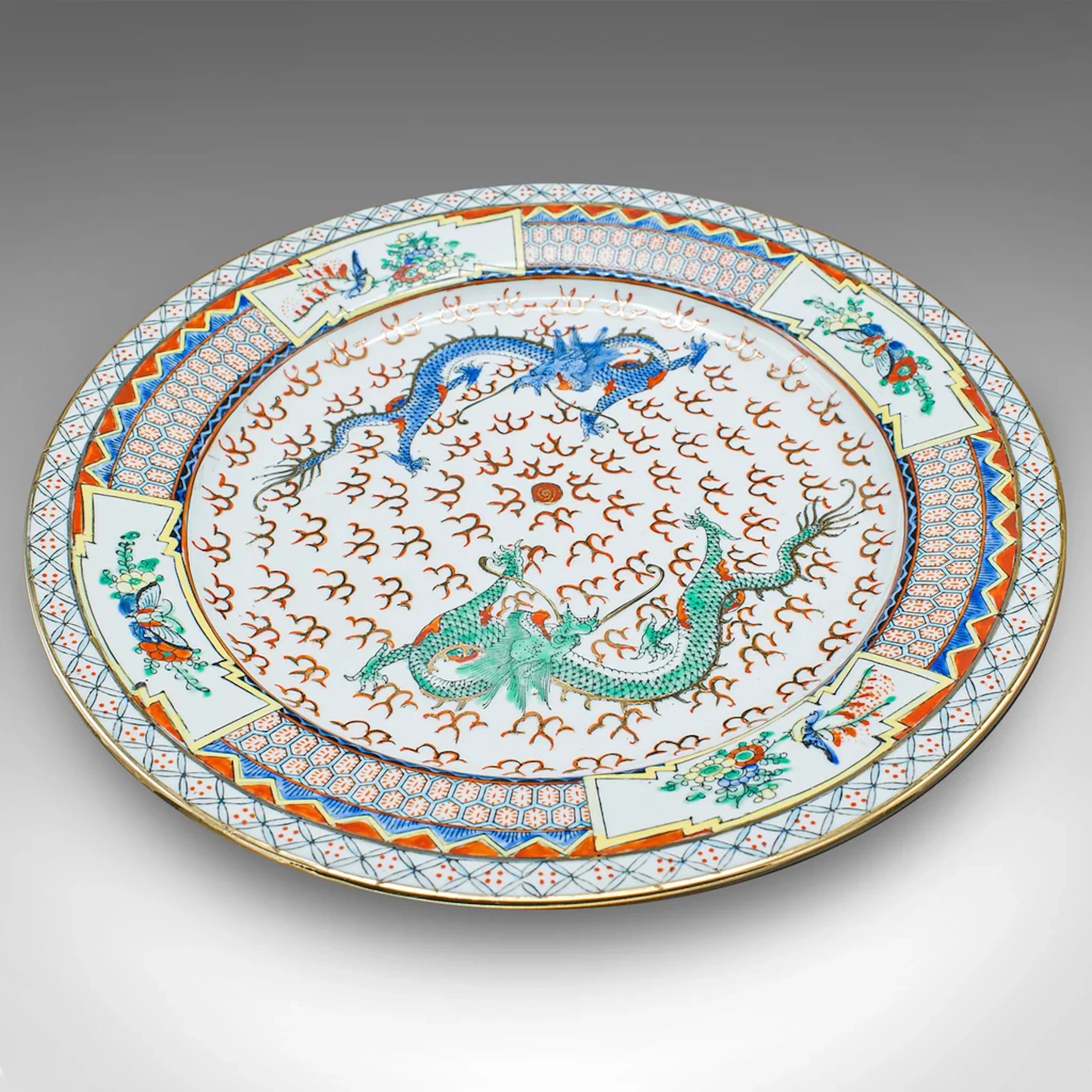 Vintage Display Plate, Chinese, Ceramic, Serving Dish, Art Deco, Dragons