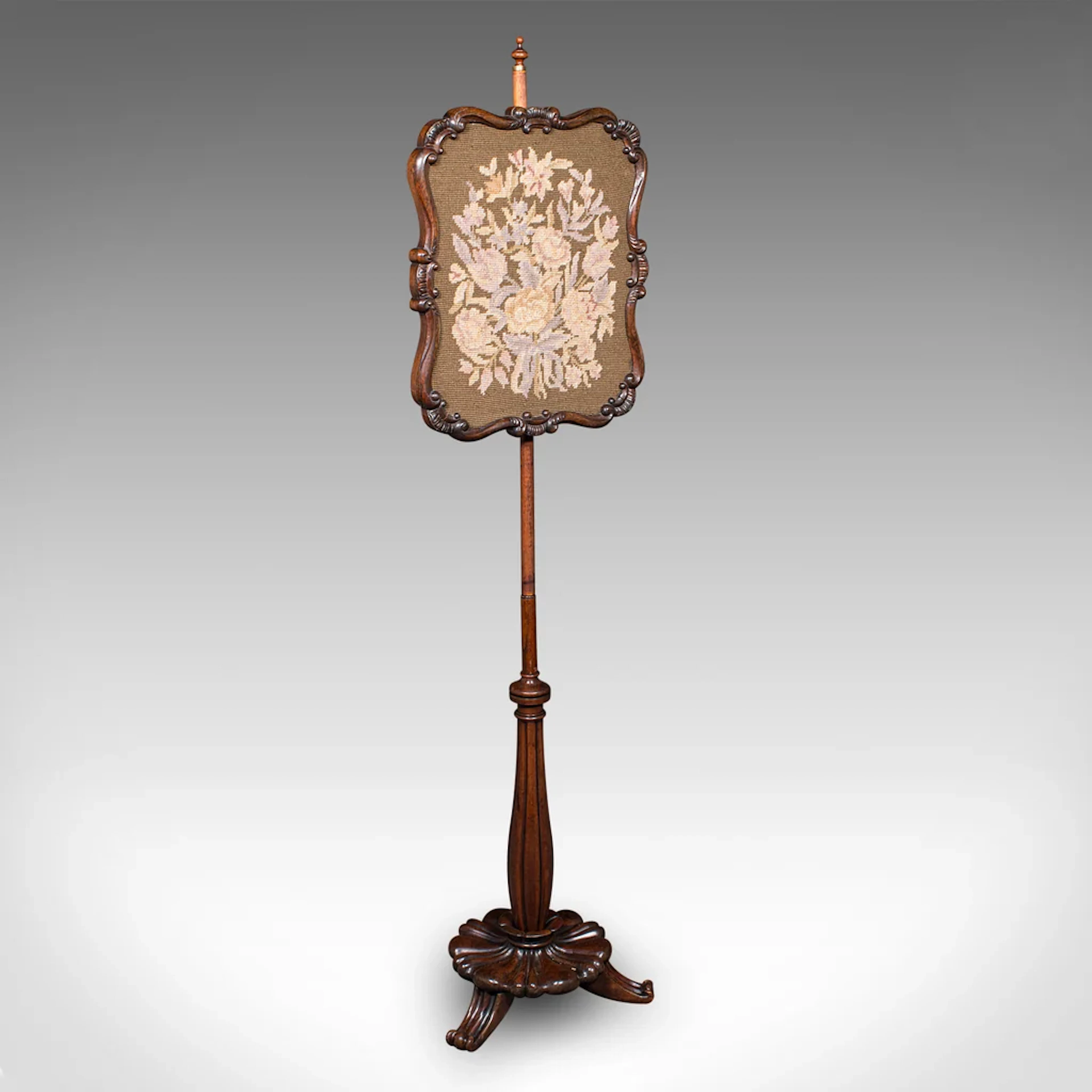 Antique Fireside Pole Screen, English, Needlepoint, Adjustable, William