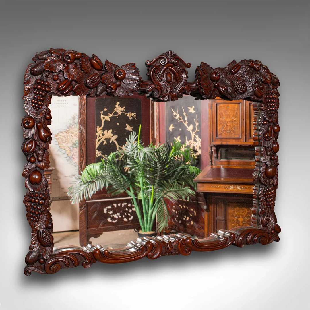 Antique Overmantle Mirror, English, Country House, Carved, Victorian