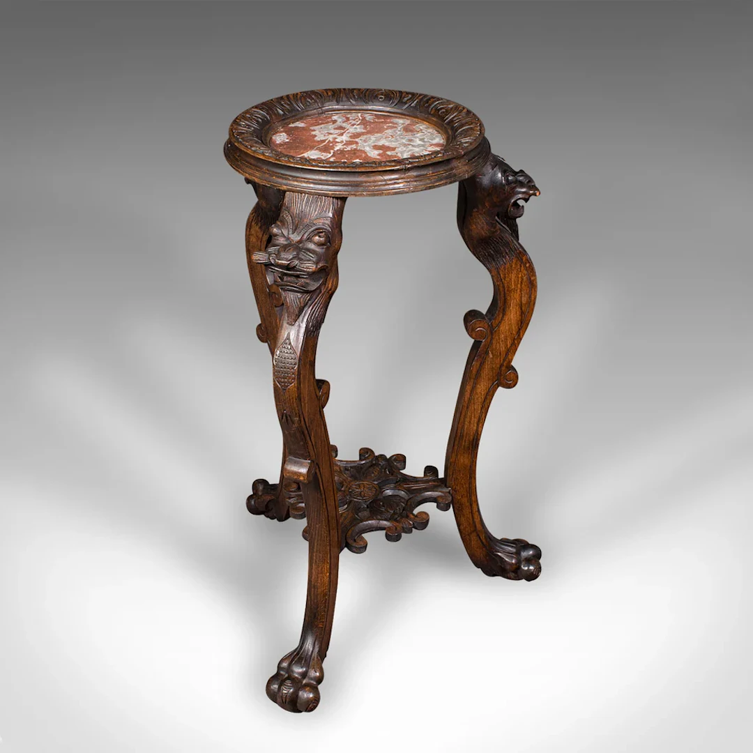 Vintage Jardiniere Stand, Oriental, Beech, Marble, Wine, Lamp Table, Art Deco