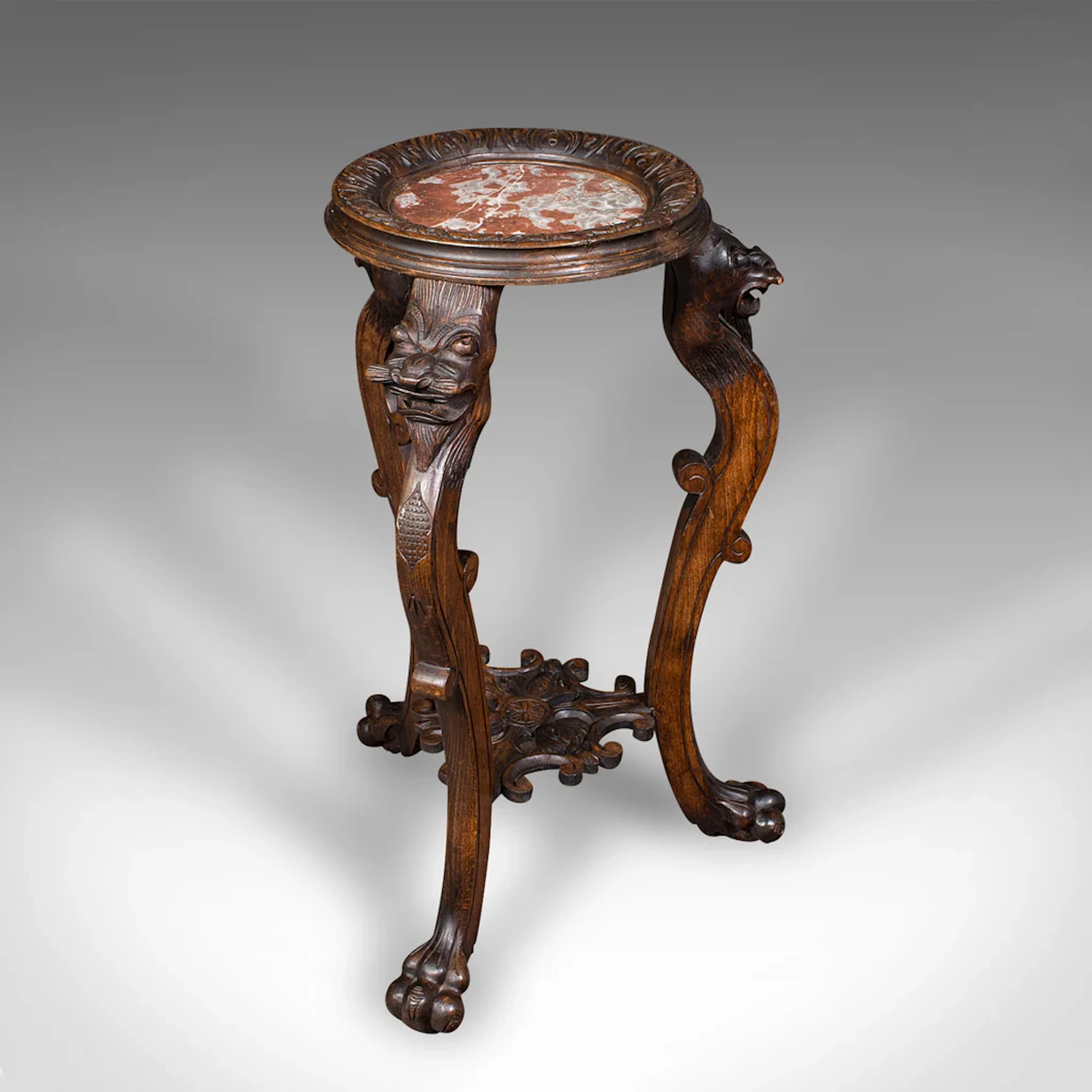 Vintage Jardiniere Stand, Oriental, Beech, Marble, Wine, Lamp Table, Art Deco